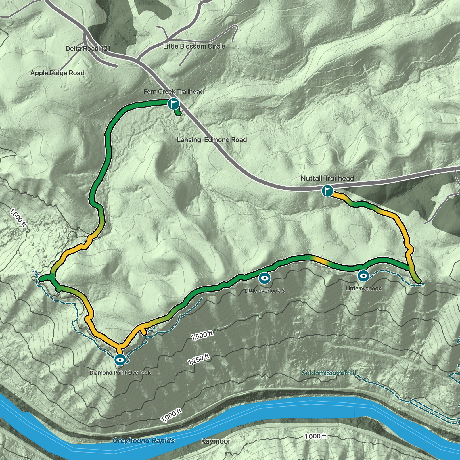 Terrain map of Endless Wall Trail in New River Gorge National Park and Preserve