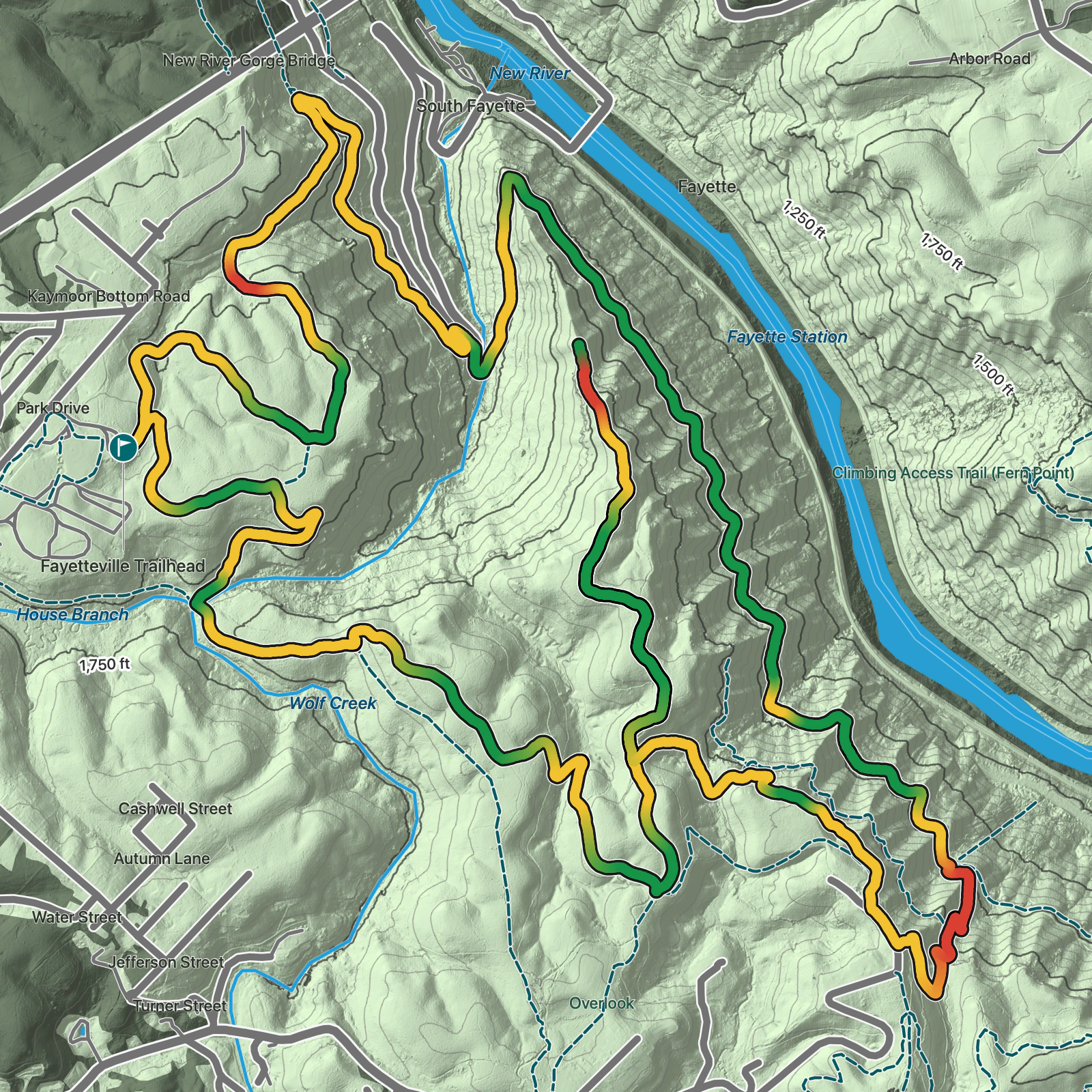Terrain map of Fayetteville Trail in New River Gorge National Park and Preserve
