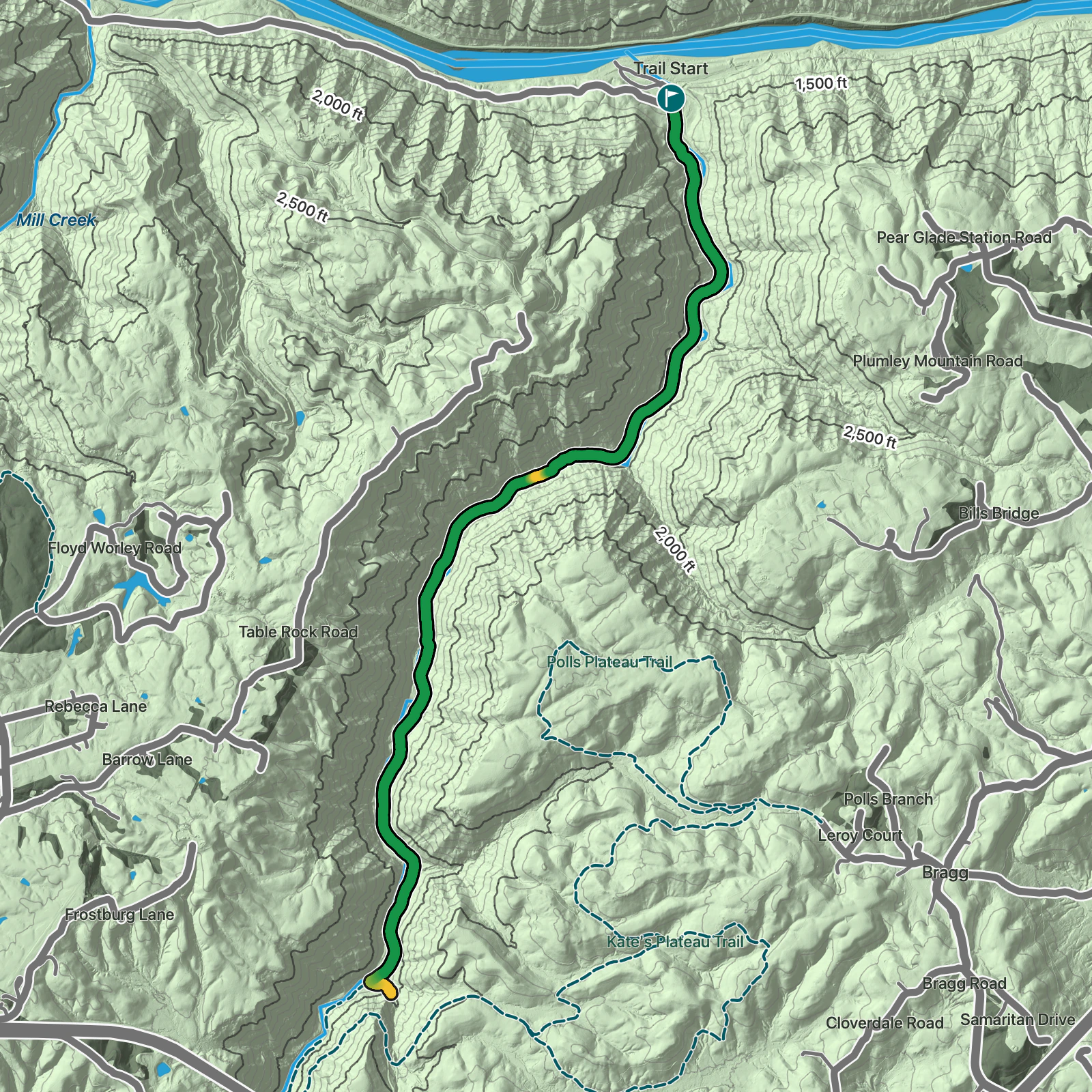 Terrain map of Glade Creek Trail to Kates Falls in New River Gorge National Park and Preserve