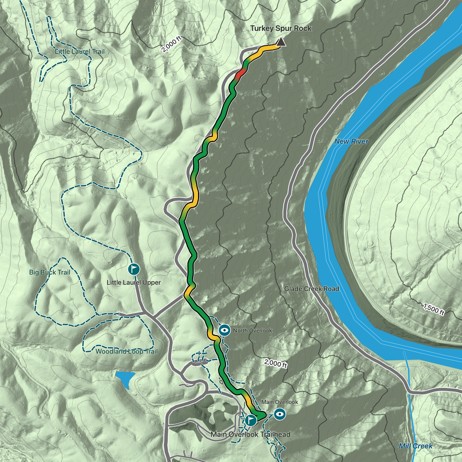 Terrain map of Grandview Rim Trail to Turkey Spur Rock in New River Gorge National Park and Preserve