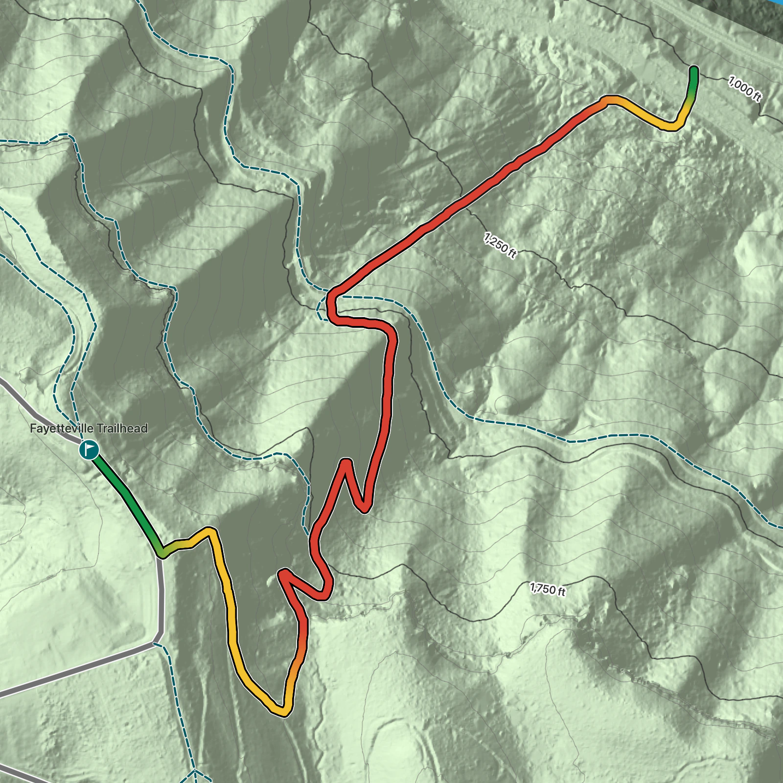 Terrain map of Kaymoor Miners Trail in New River Gorge National Park and Preserve