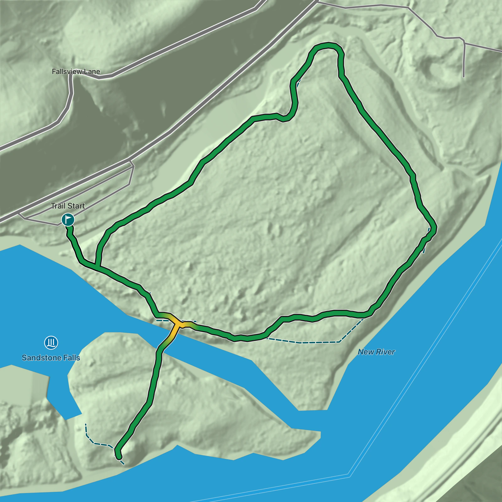 Terrain map of Sandstone Falls Boardwalk and Island Loop Trail in New River Gorge National Park and Preserve