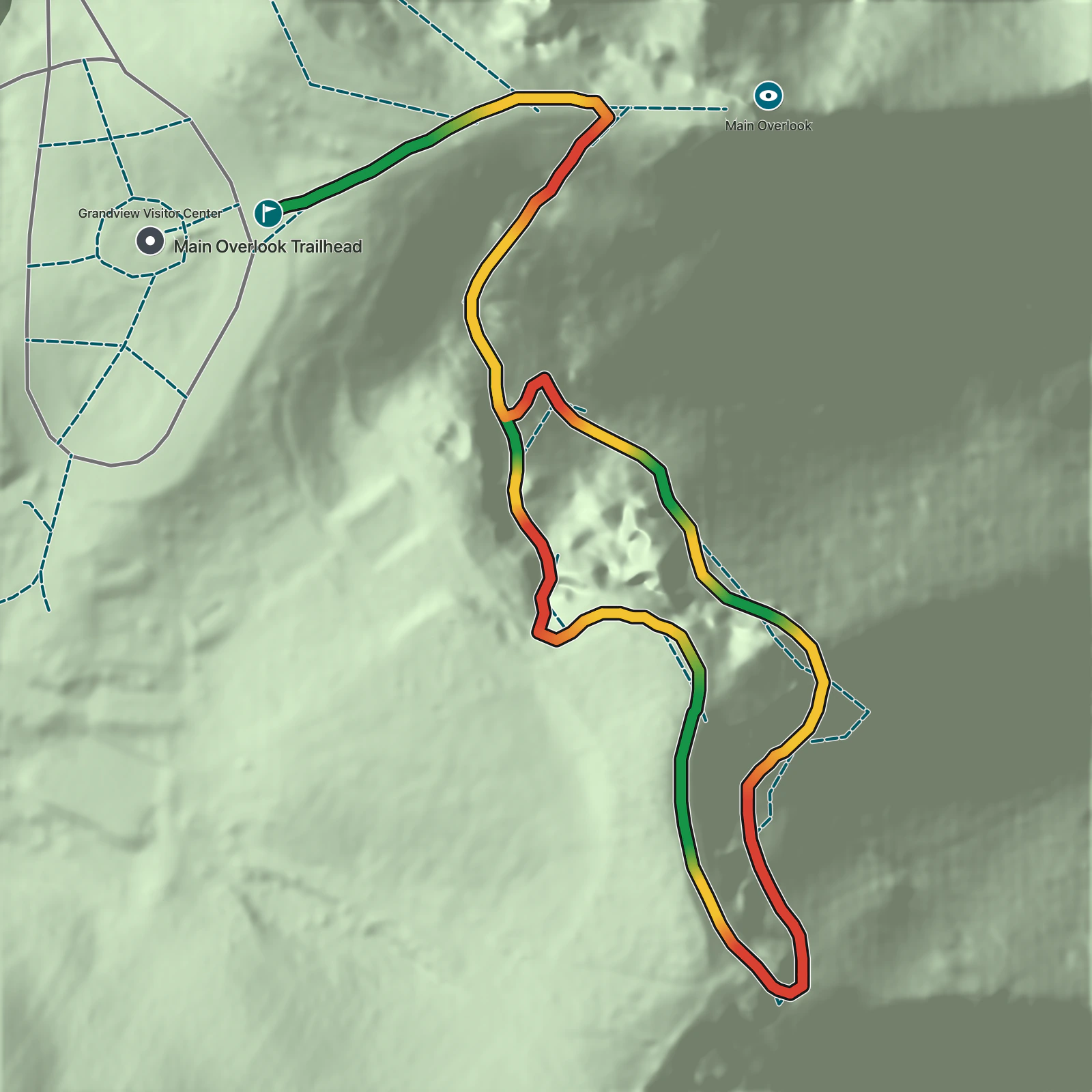 Terrain map of Tunnel Trail in New River Gorge National Park and Preserve