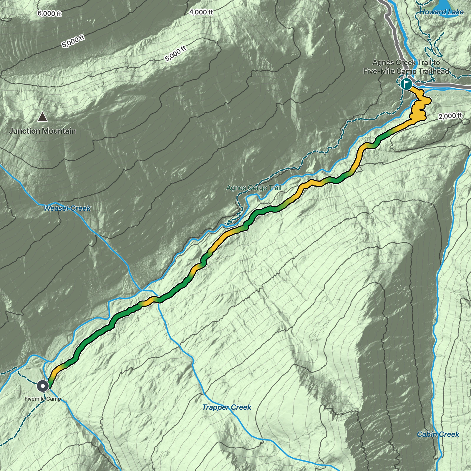 Terrain map of Agnes Creek Trail to Five-Mile Camp in North Cascades National Park