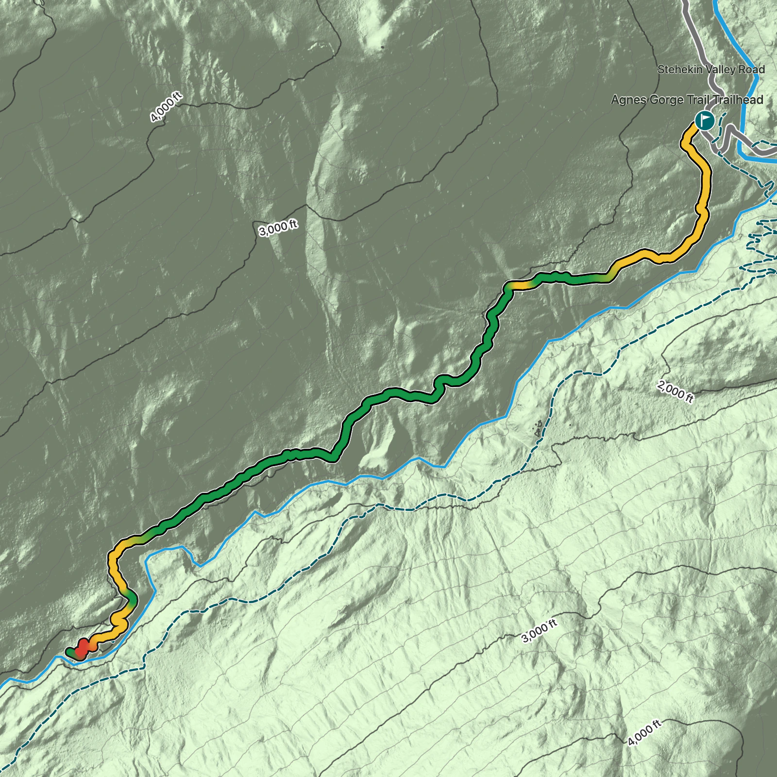 Terrain map of Agnes Gorge Trail in North Cascades National Park