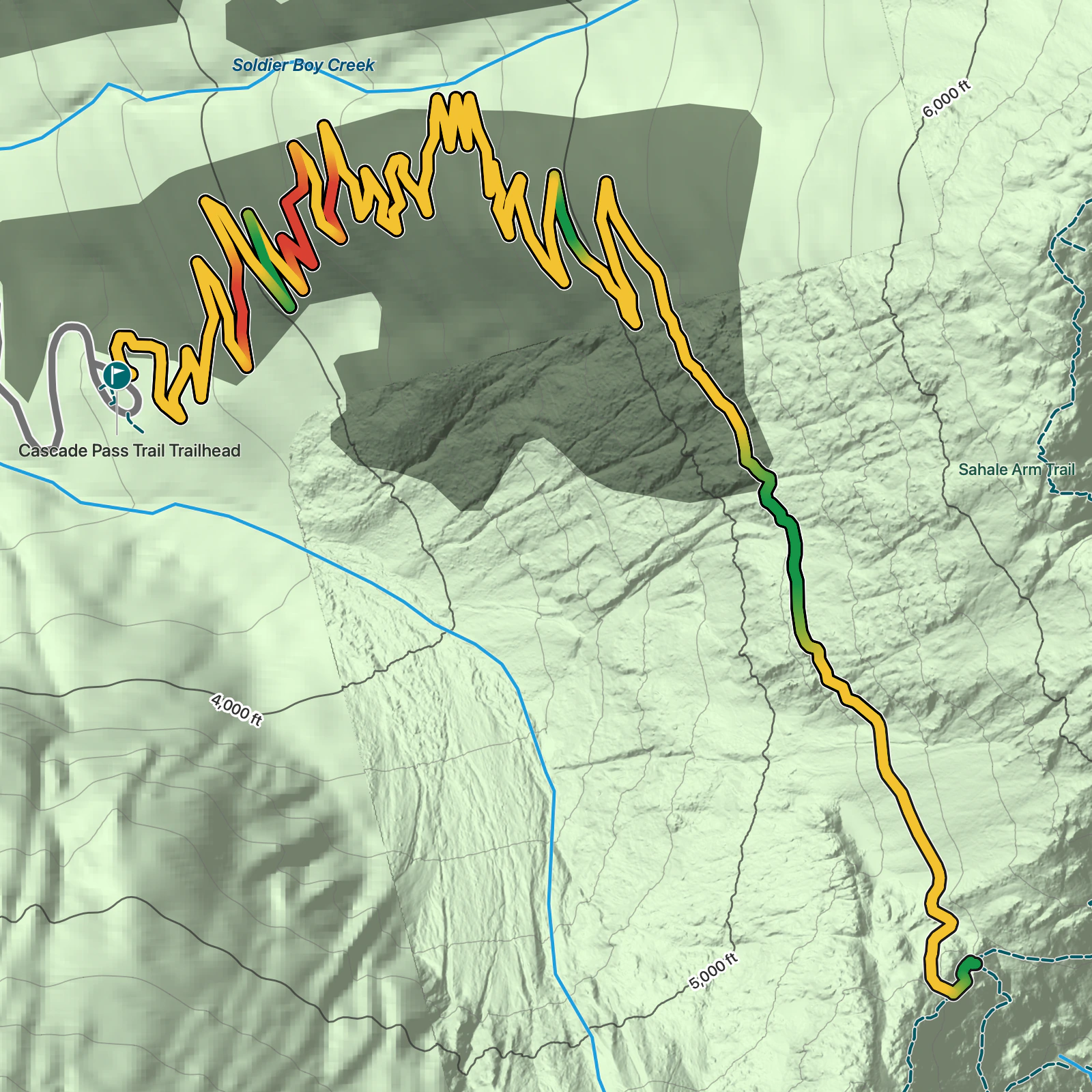 Terrain map of Cascade Pass Trail in North Cascades National Park