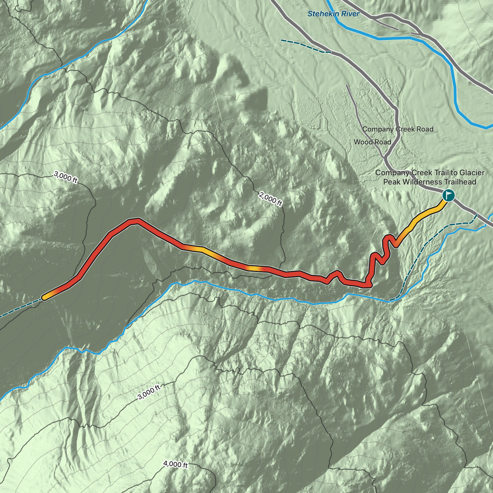 Terrain map of Company Creek Trail to Glacier Peak Wilderness in North Cascades National Park