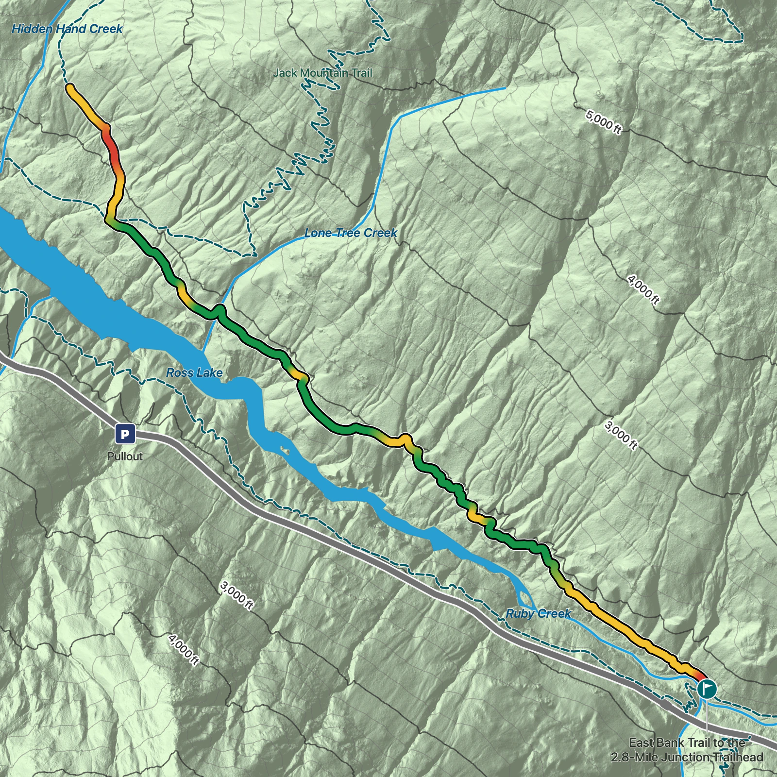 Terrain map of East Bank Trail to the 2.8-Mile Junction in North Cascades National Park