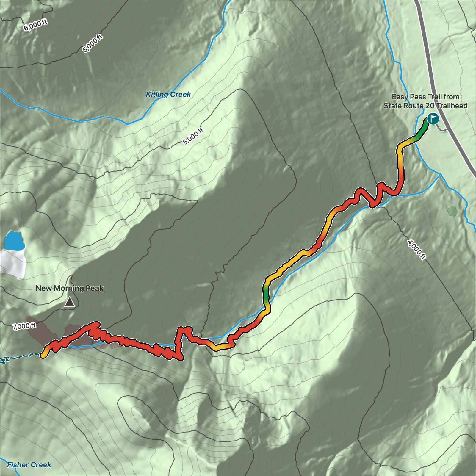 Terrain map of Easy Pass Trail from State Route 20 in North Cascades National Park