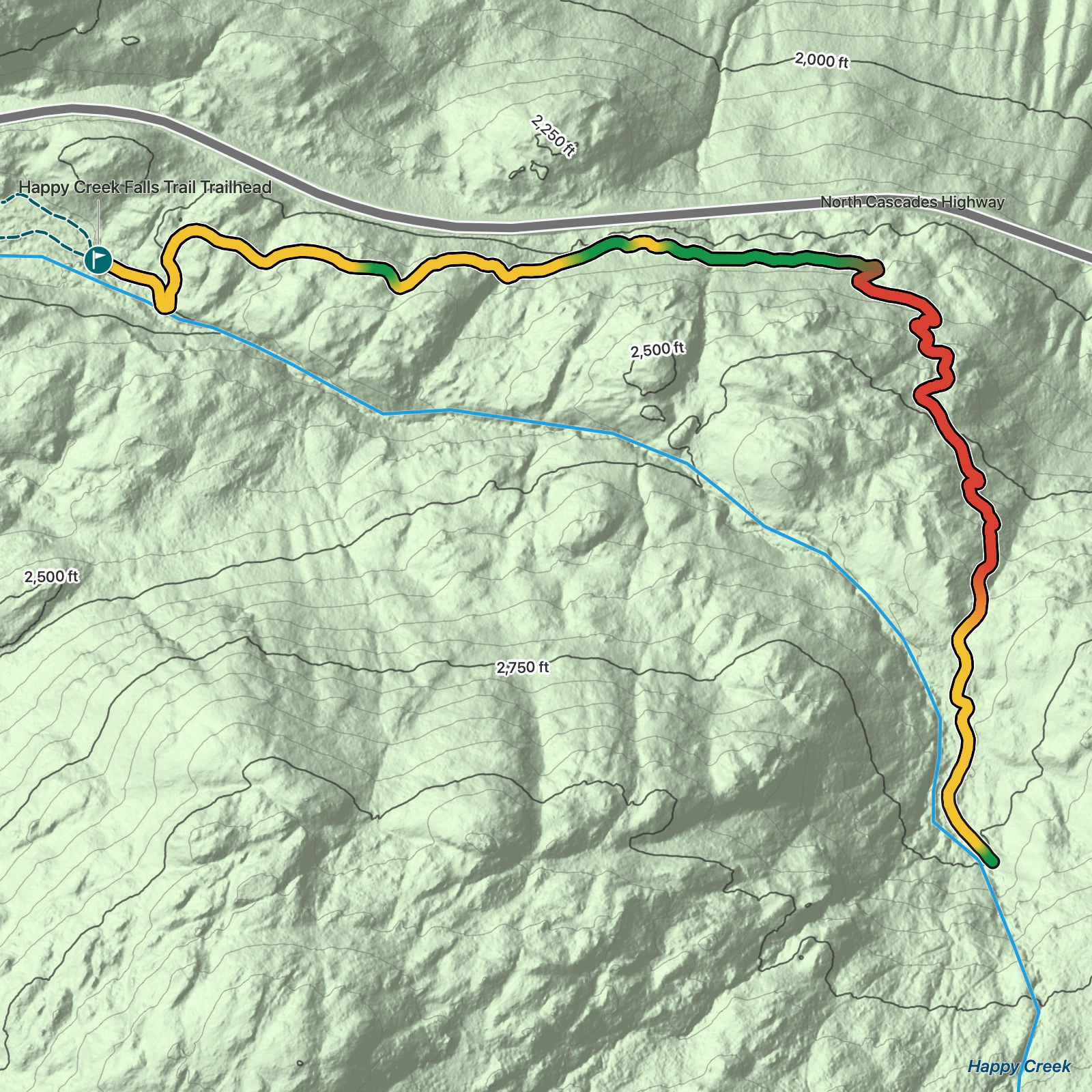 Terrain map of Happy Creek Falls Trail in North Cascades National Park