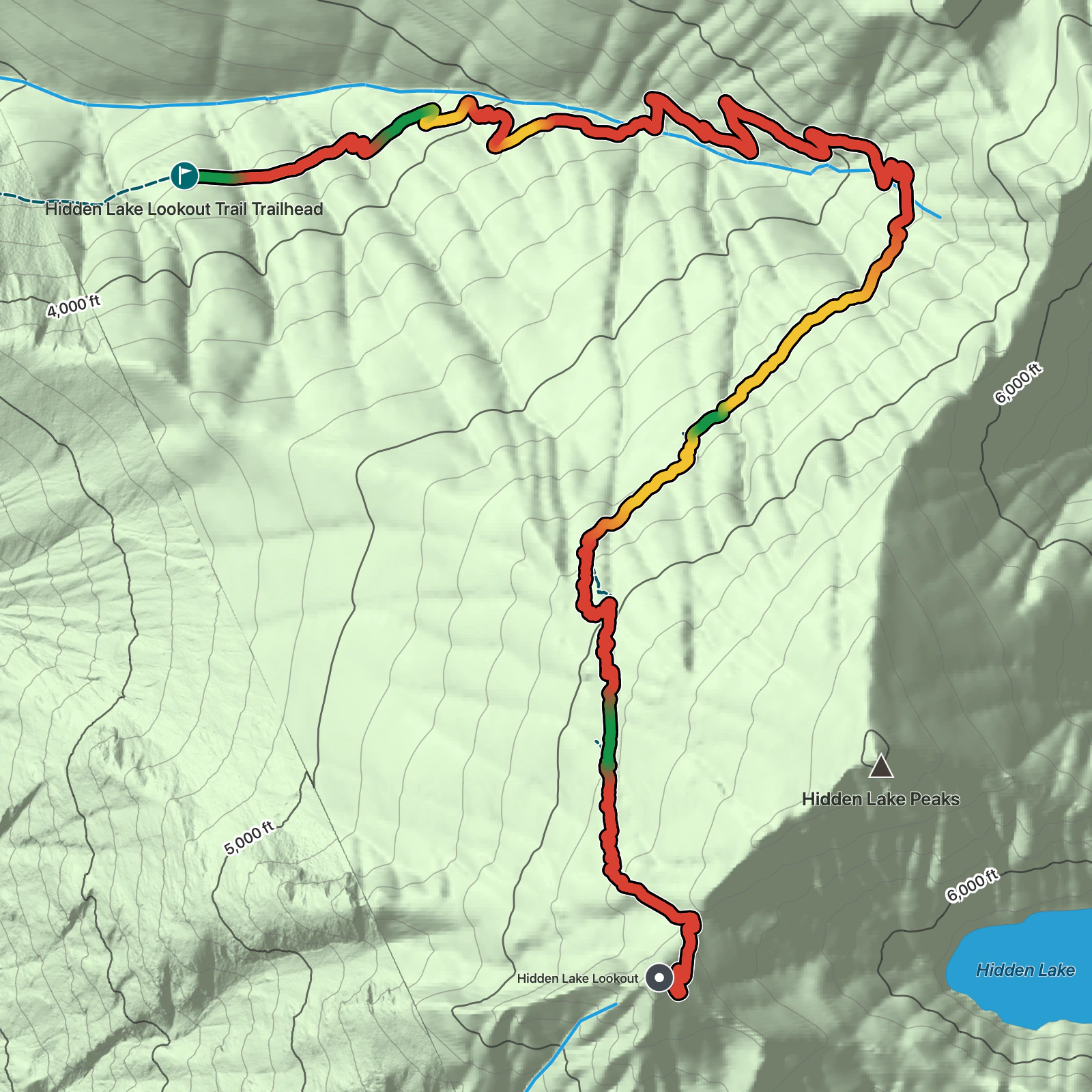 Terrain map of Hidden Lake Lookout Trail in North Cascades National Park