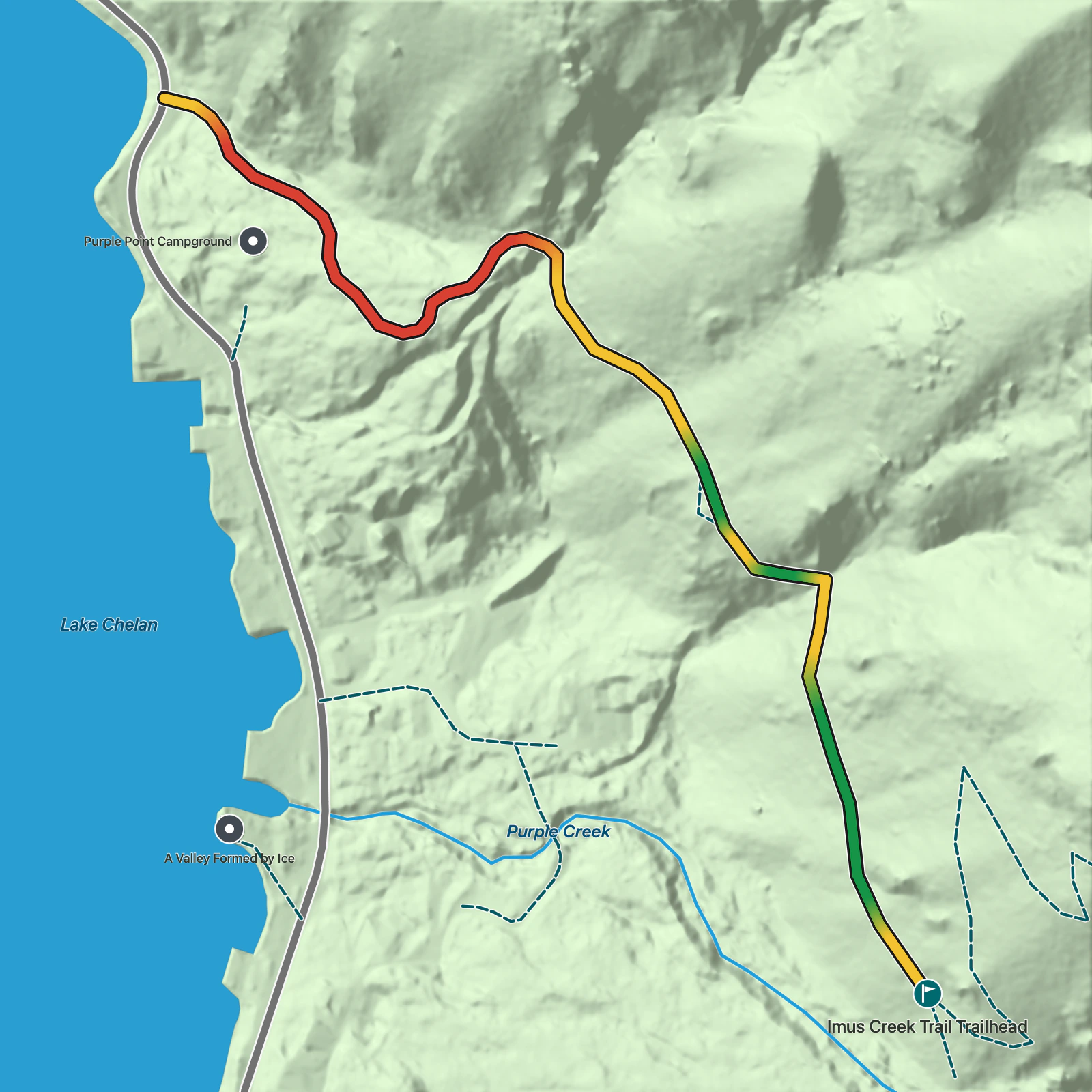 Terrain map of Imus Creek Trail in North Cascades National Park