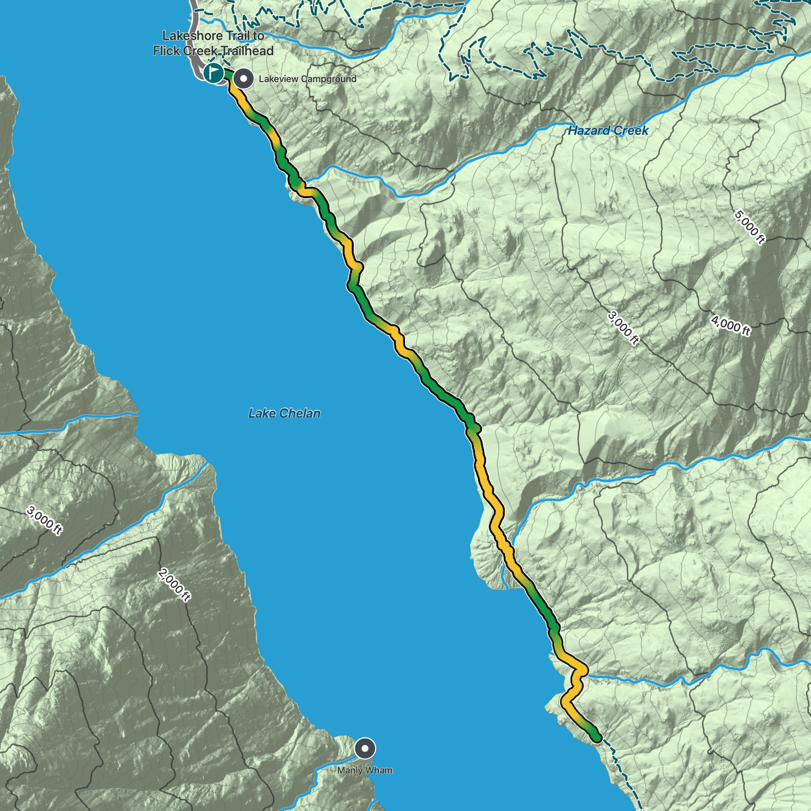 Terrain map of Lakeshore Trail to Flick Creek in North Cascades National Park