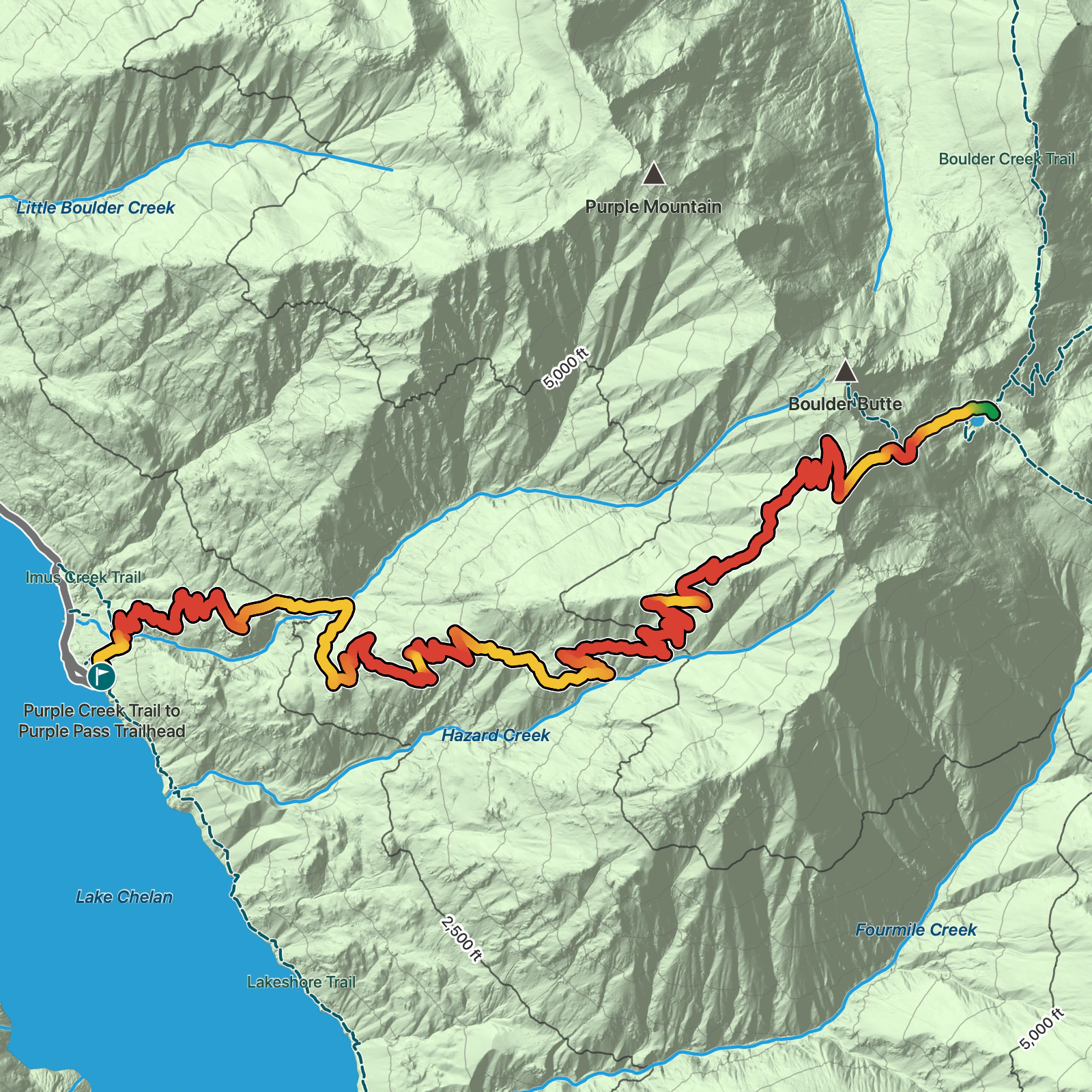 Terrain map of Purple Creek Trail to Purple Pass in North Cascades National Park