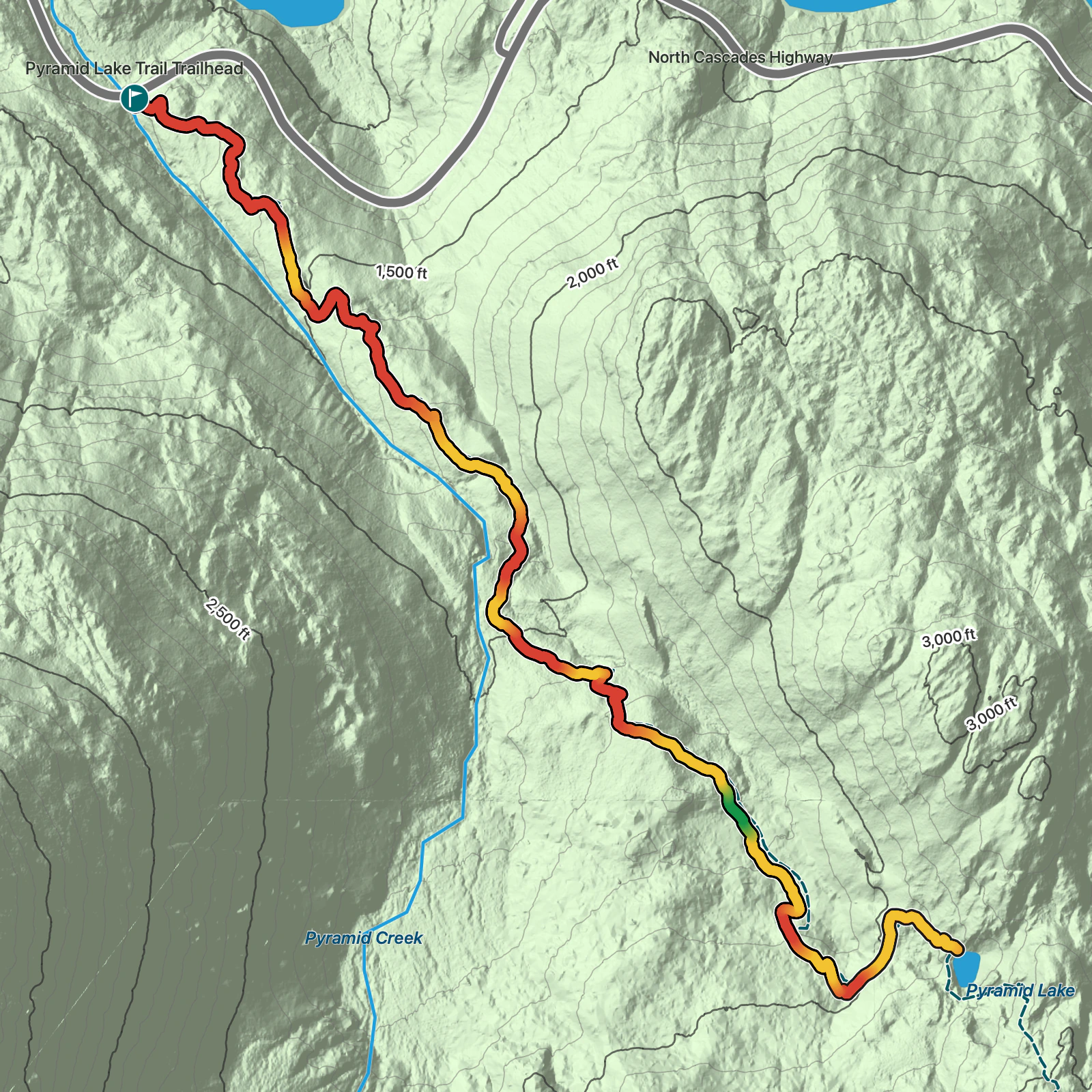 Terrain map of Pyramid Lake Trail in North Cascades National Park