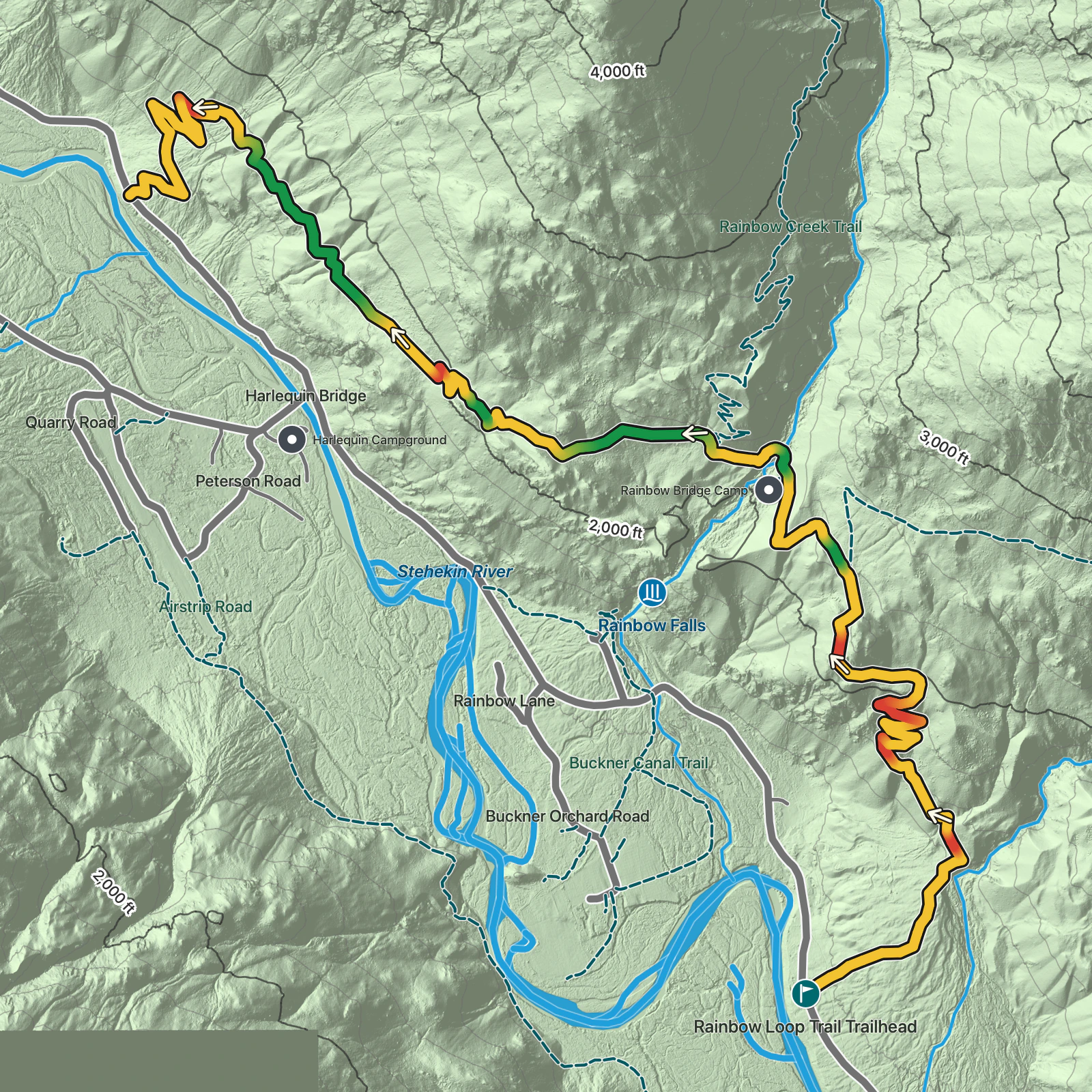 Terrain map of Rainbow Loop Trail in North Cascades National Park