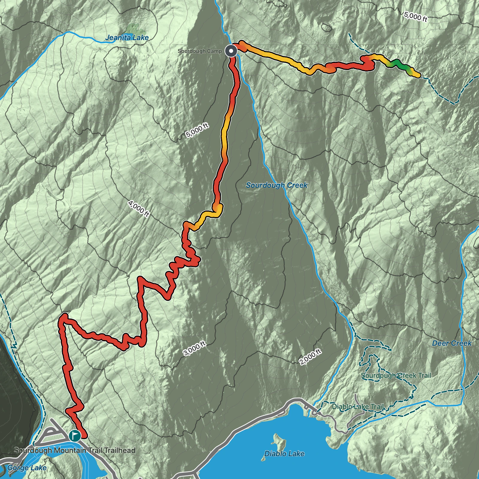 Terrain map of Sourdough Mountain Trail in North Cascades National Park