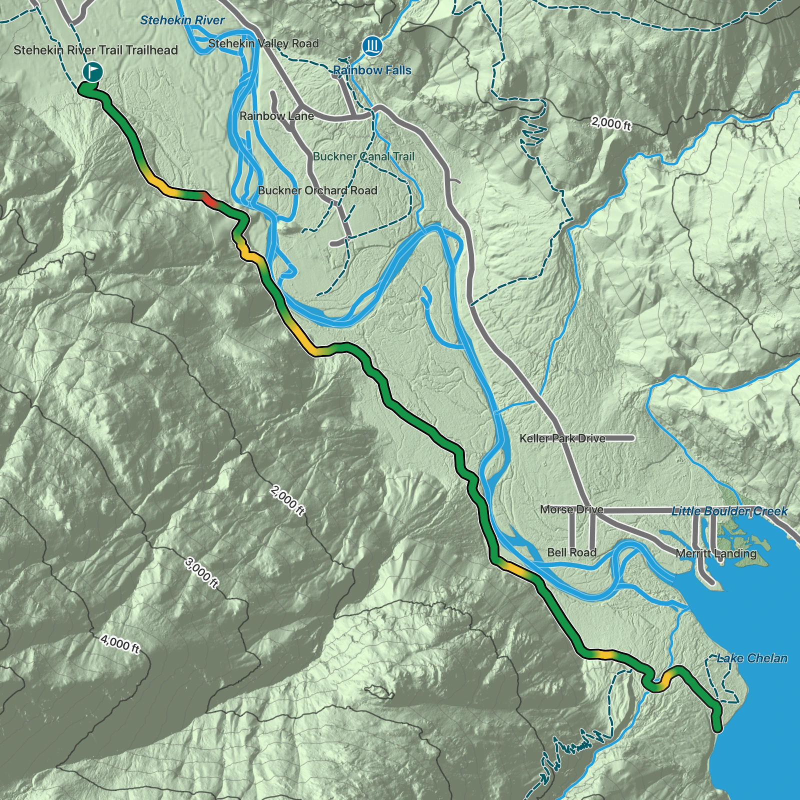 Terrain map of Stehekin River Trail in North Cascades National Park