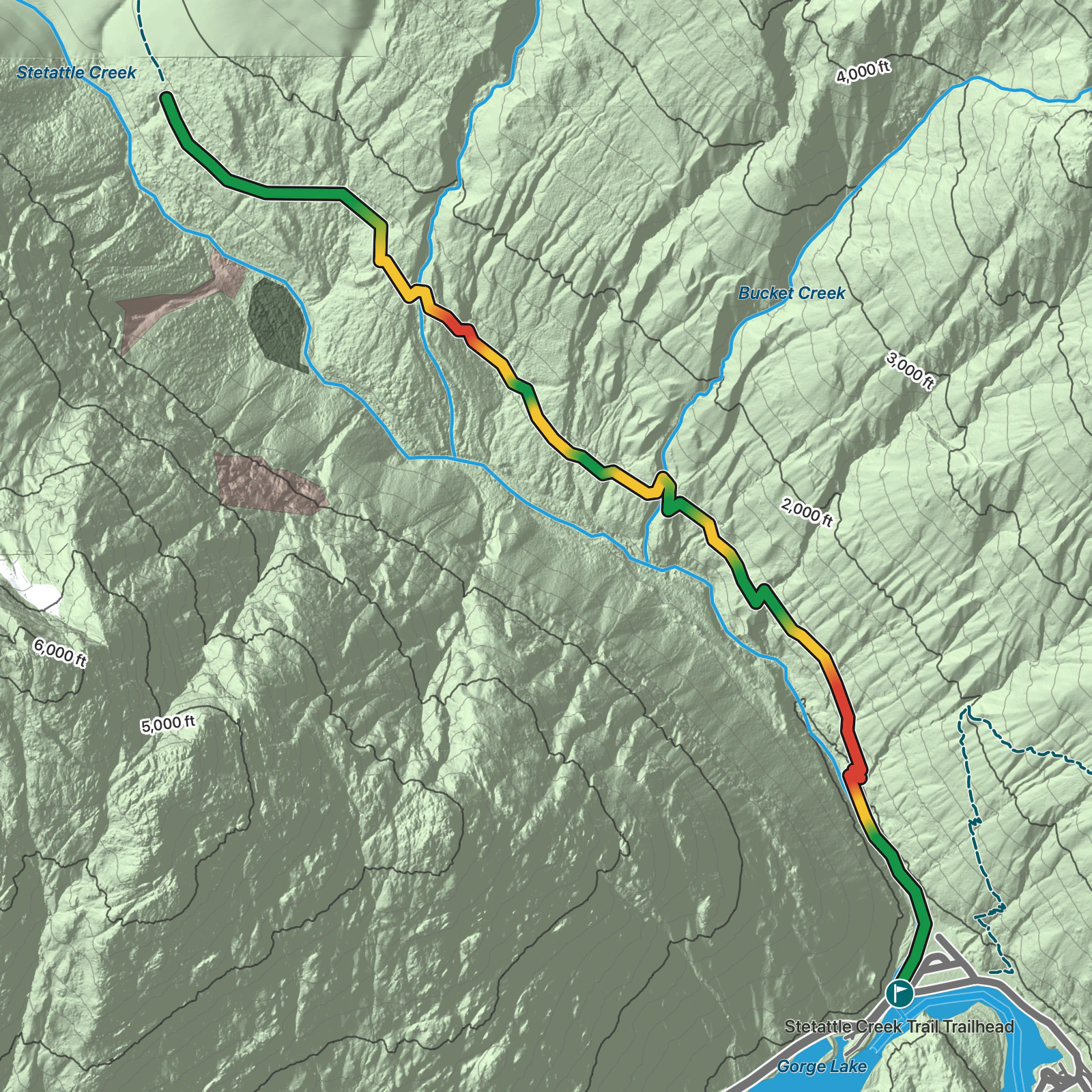 Terrain map of Stetattle Creek Trail in North Cascades National Park