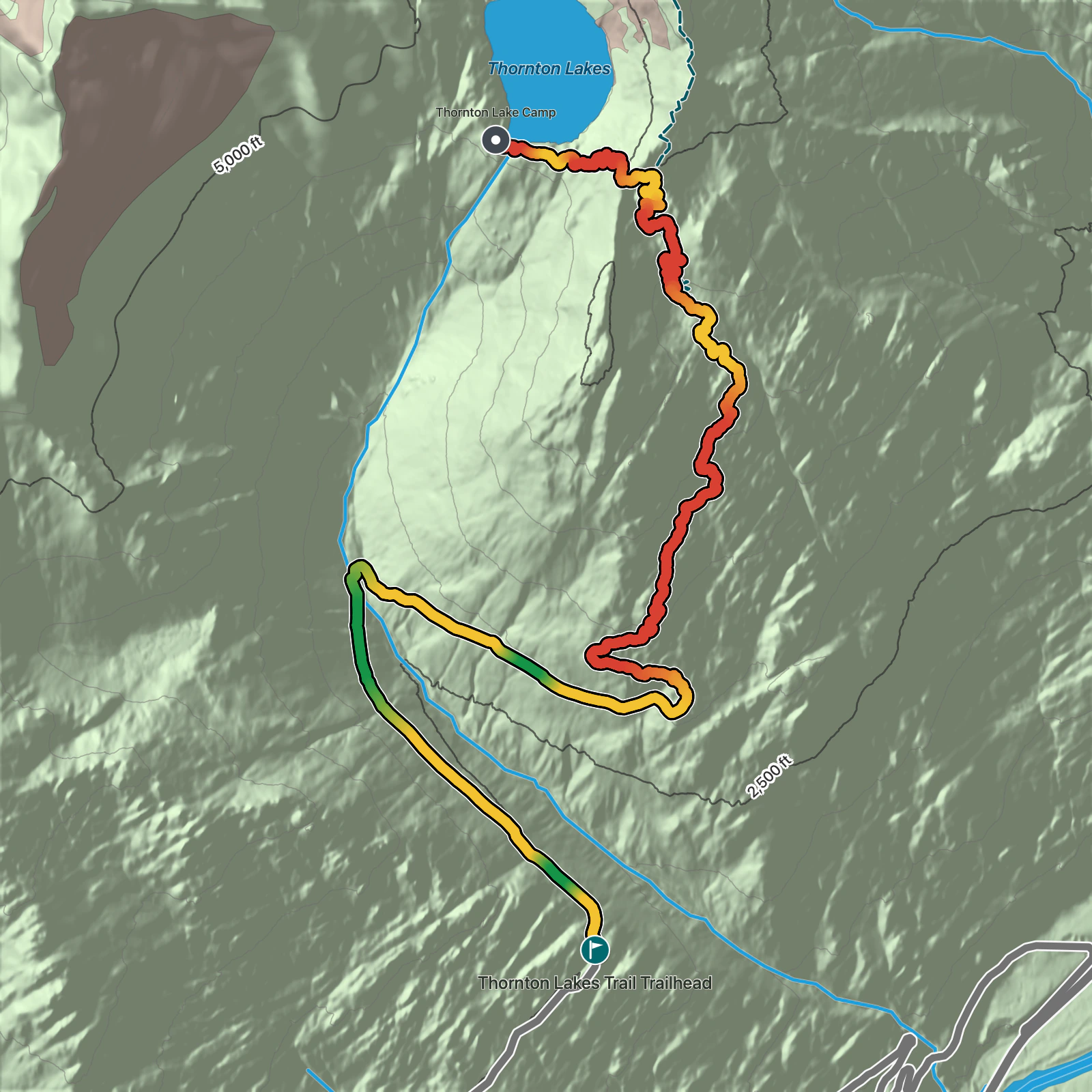 Terrain map of Thornton Lakes Trail in North Cascades National Park