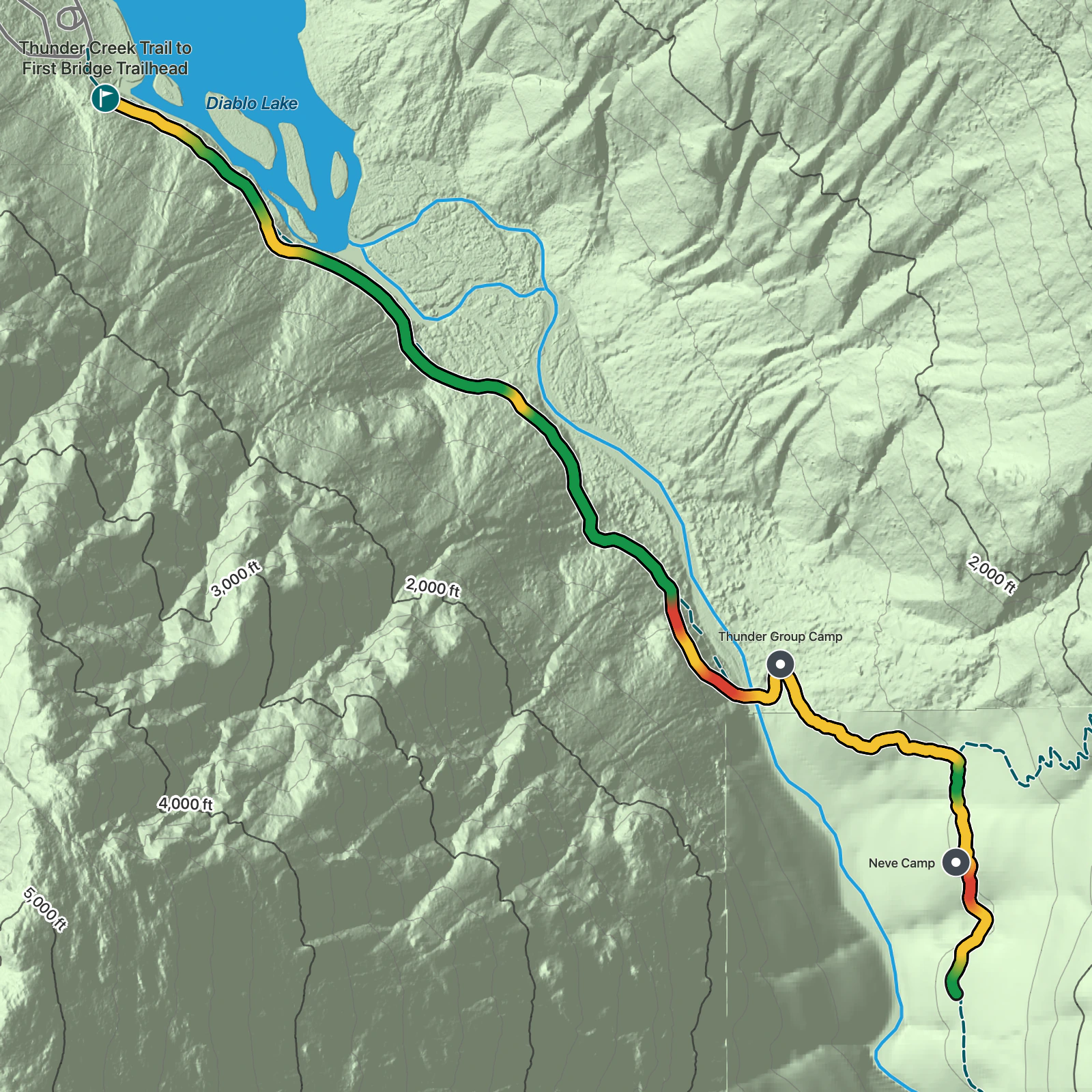 Terrain map of Thunder Creek Trail to First Bridge in North Cascades National Park