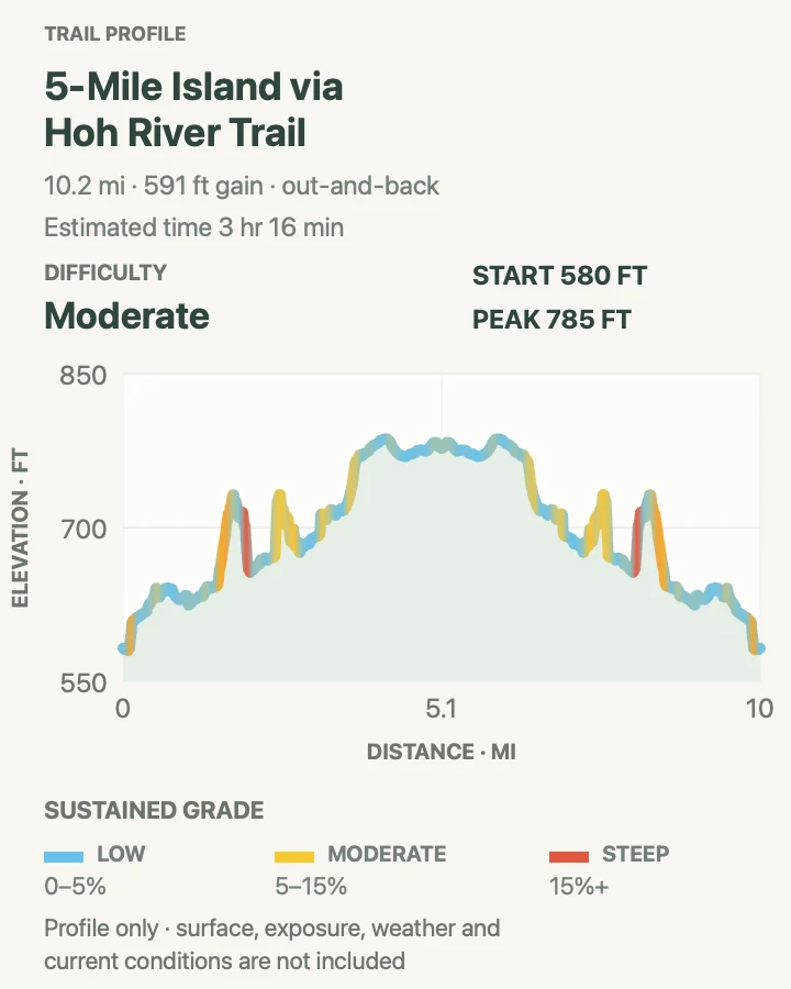 Elevation profile for 5-Mile Island via Hoh River Trail in Olympic National Park