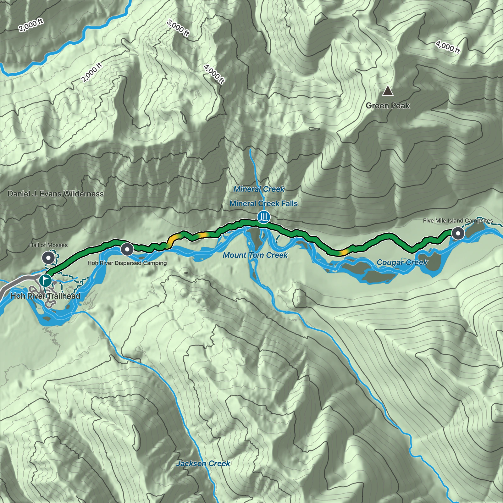 Terrain map of 5-Mile Island via Hoh River Trail in Olympic National Park