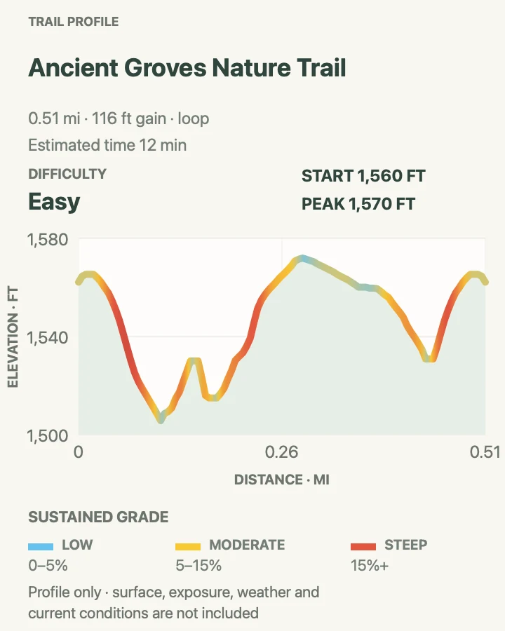 Elevation profile for Ancient Groves Nature Trail in Olympic National Park