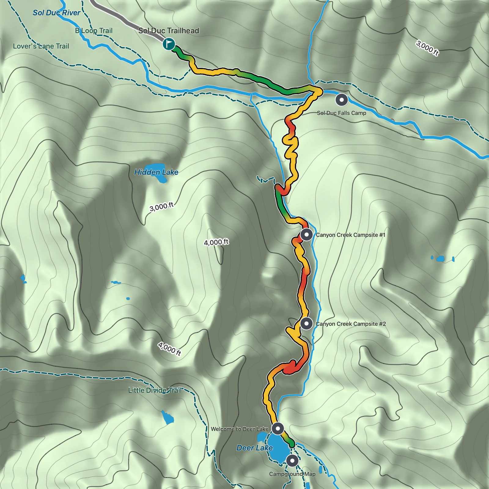 Terrain map of Deer Lake Trail in Olympic National Park