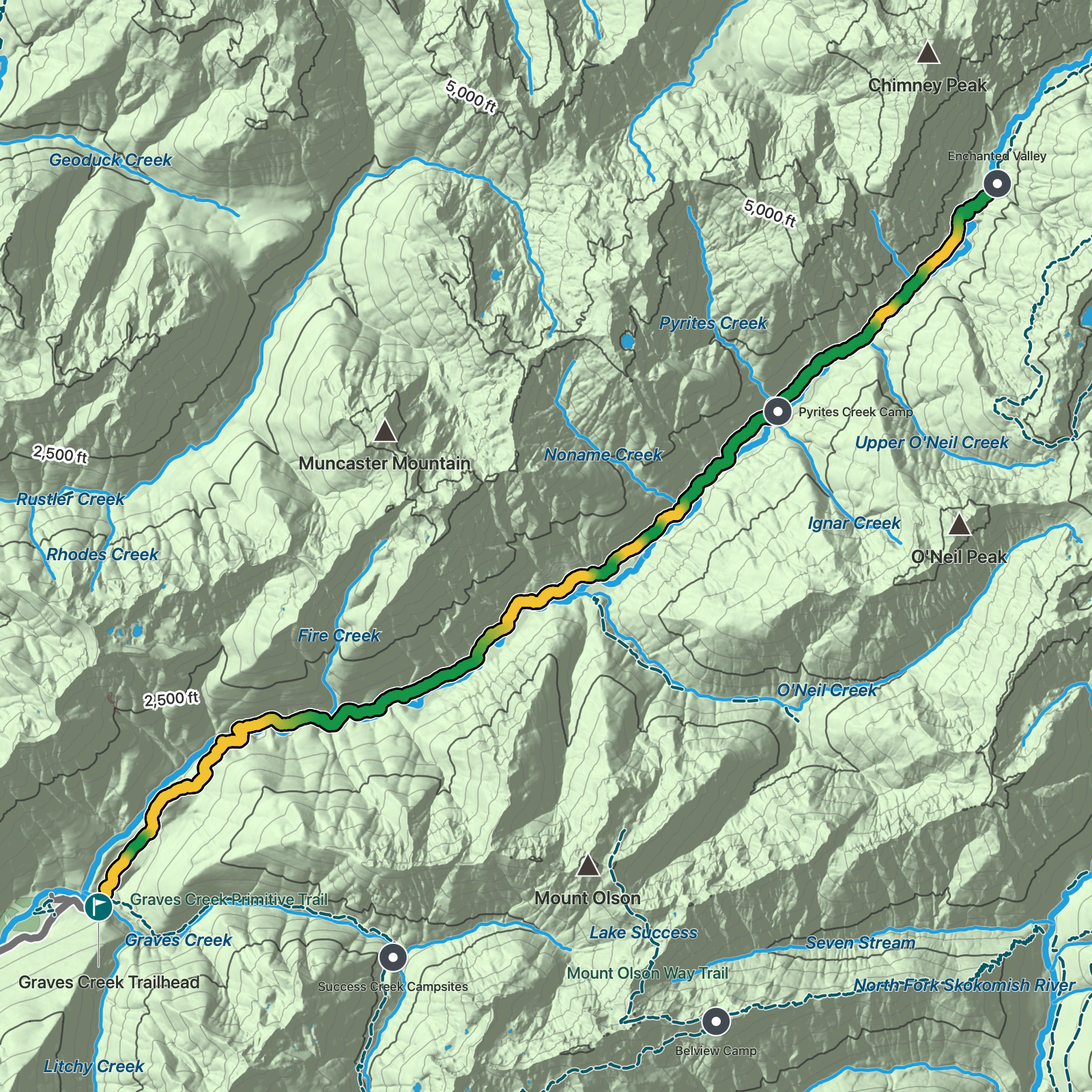 Terrain map of Enchanted Valley via East Fork Quinault River Trail in Olympic National Park