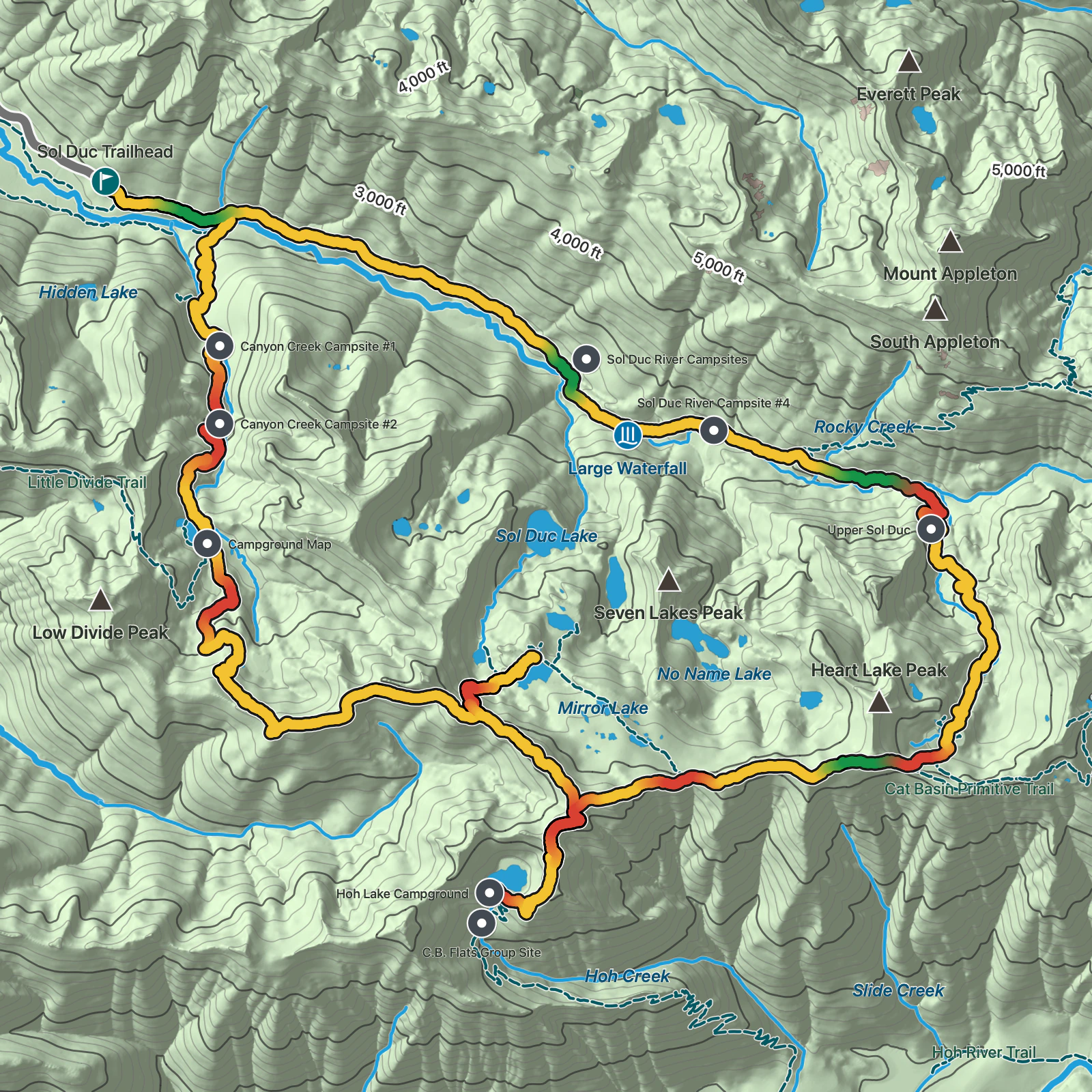 Terrain map of High Divide and Seven Lakes Basin Loop in Olympic National Park
