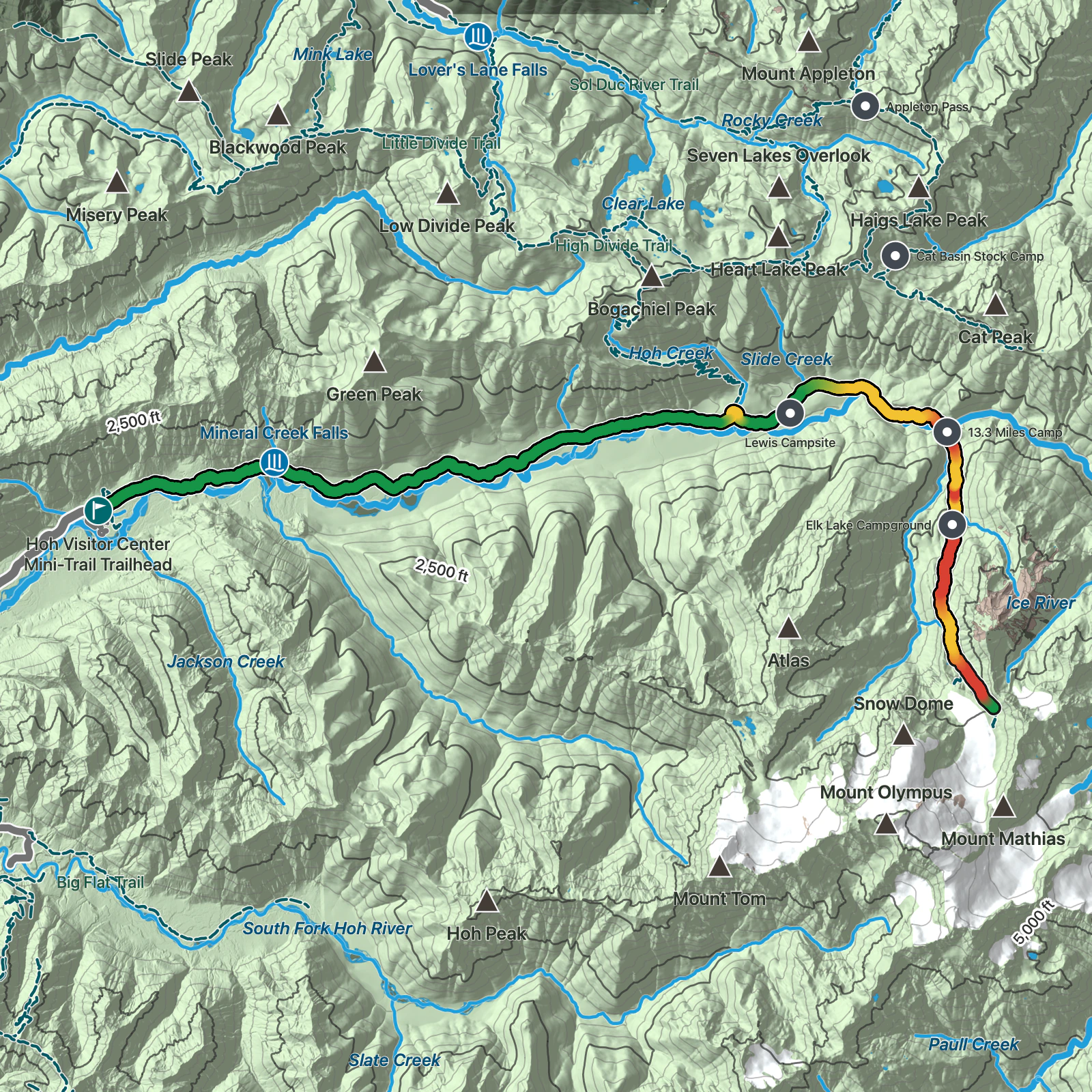 Terrain map of Hoh River Trail to Blue Glacier in Olympic National Park