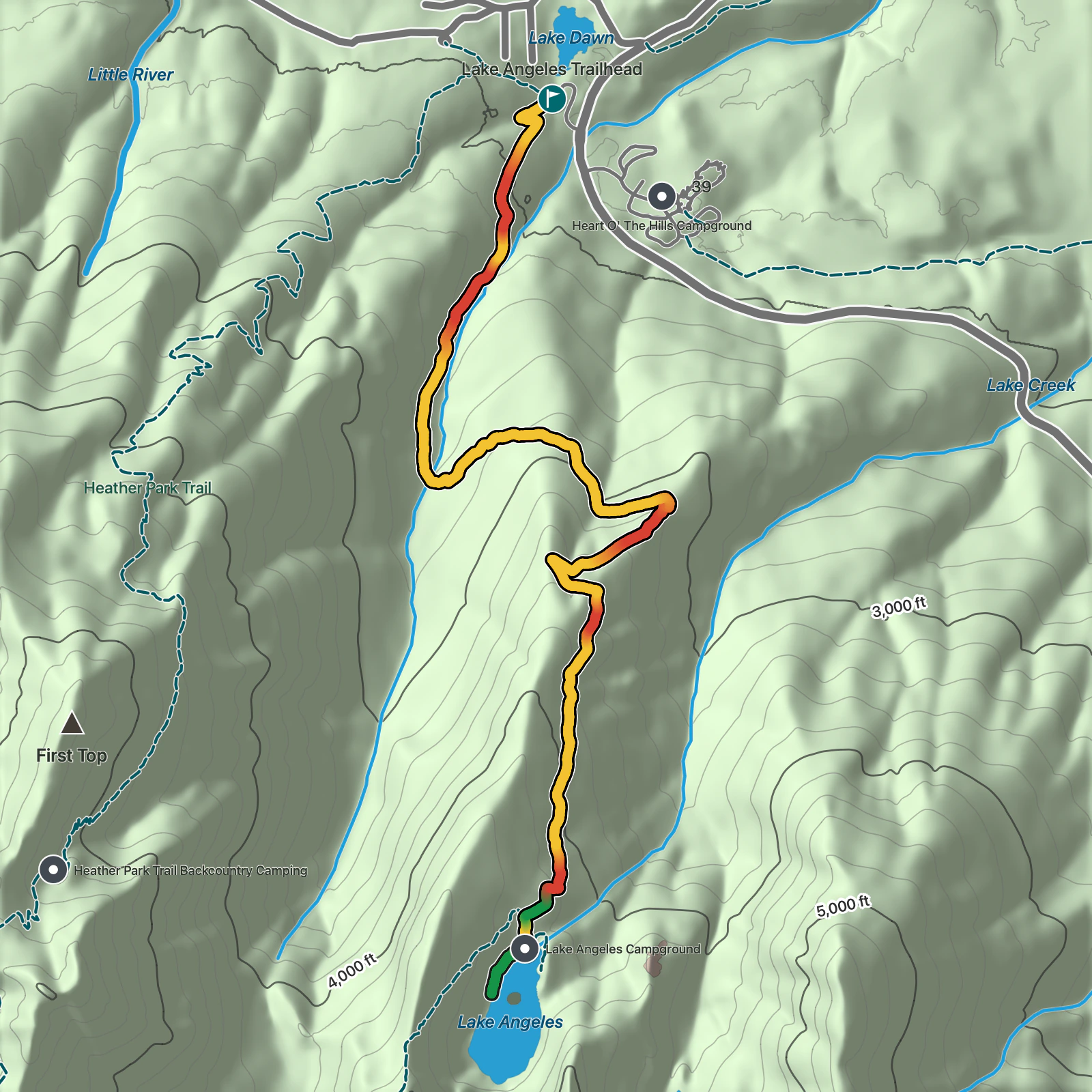 Terrain map of Lake Angeles Trail in Olympic National Park