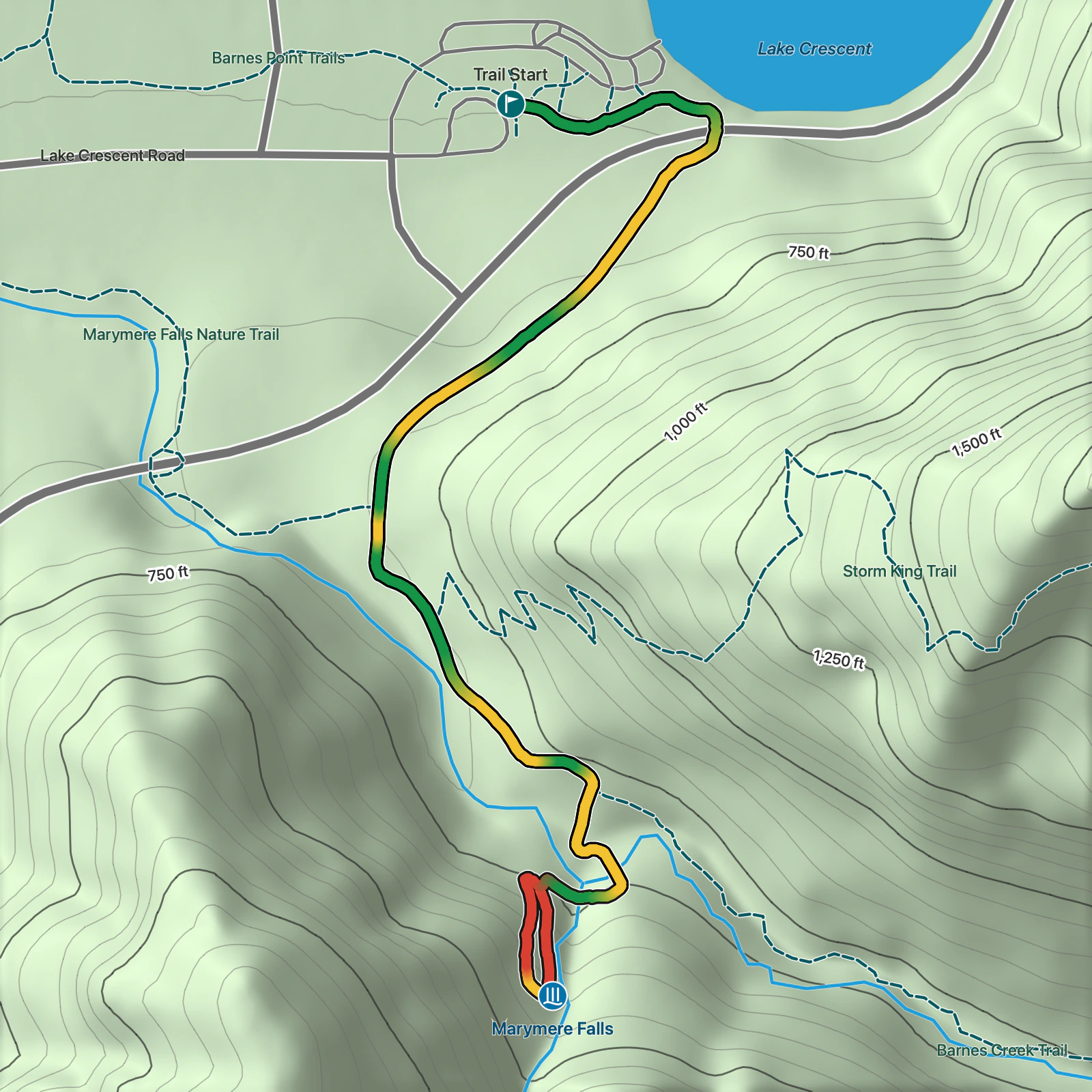 Terrain map of Marymere Falls Trail in Olympic National Park