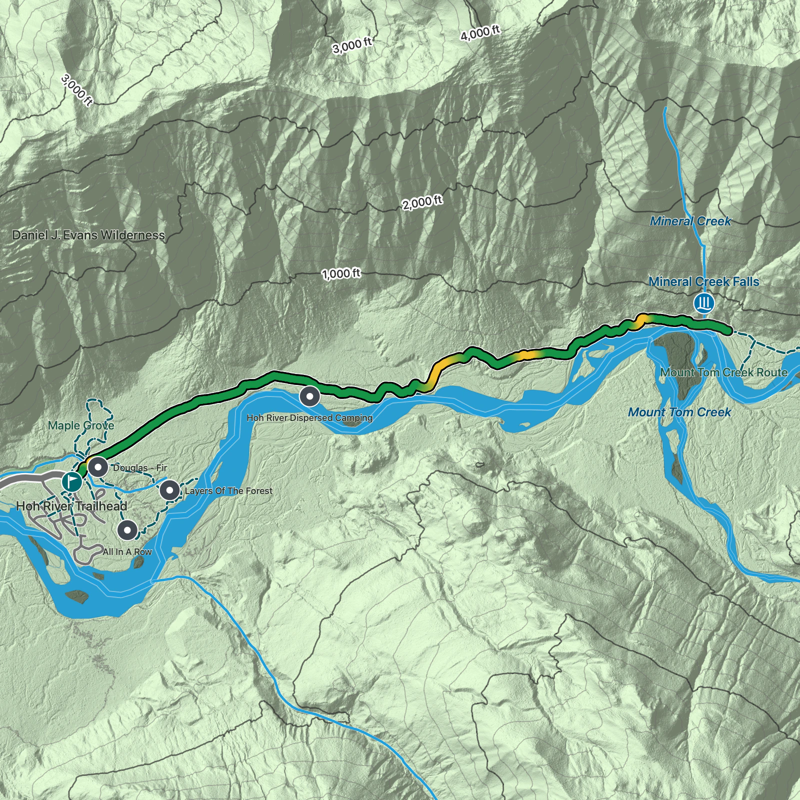 Terrain map of Mineral Creek Falls via Hoh River Trail in Olympic National Park