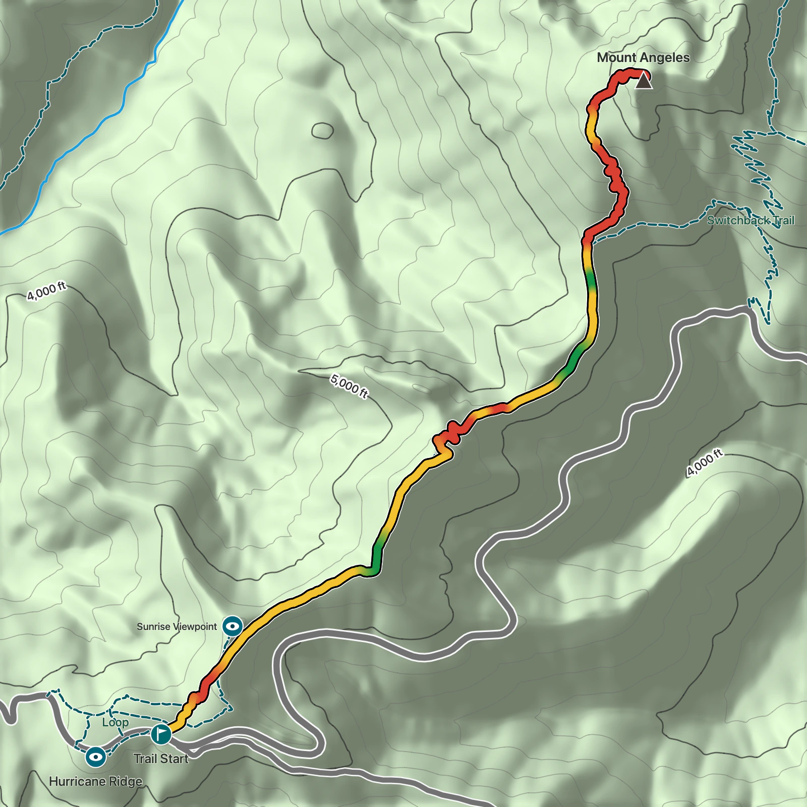 Terrain map of Mount Angeles via Hurricane Ridge Trail in Olympic National Park