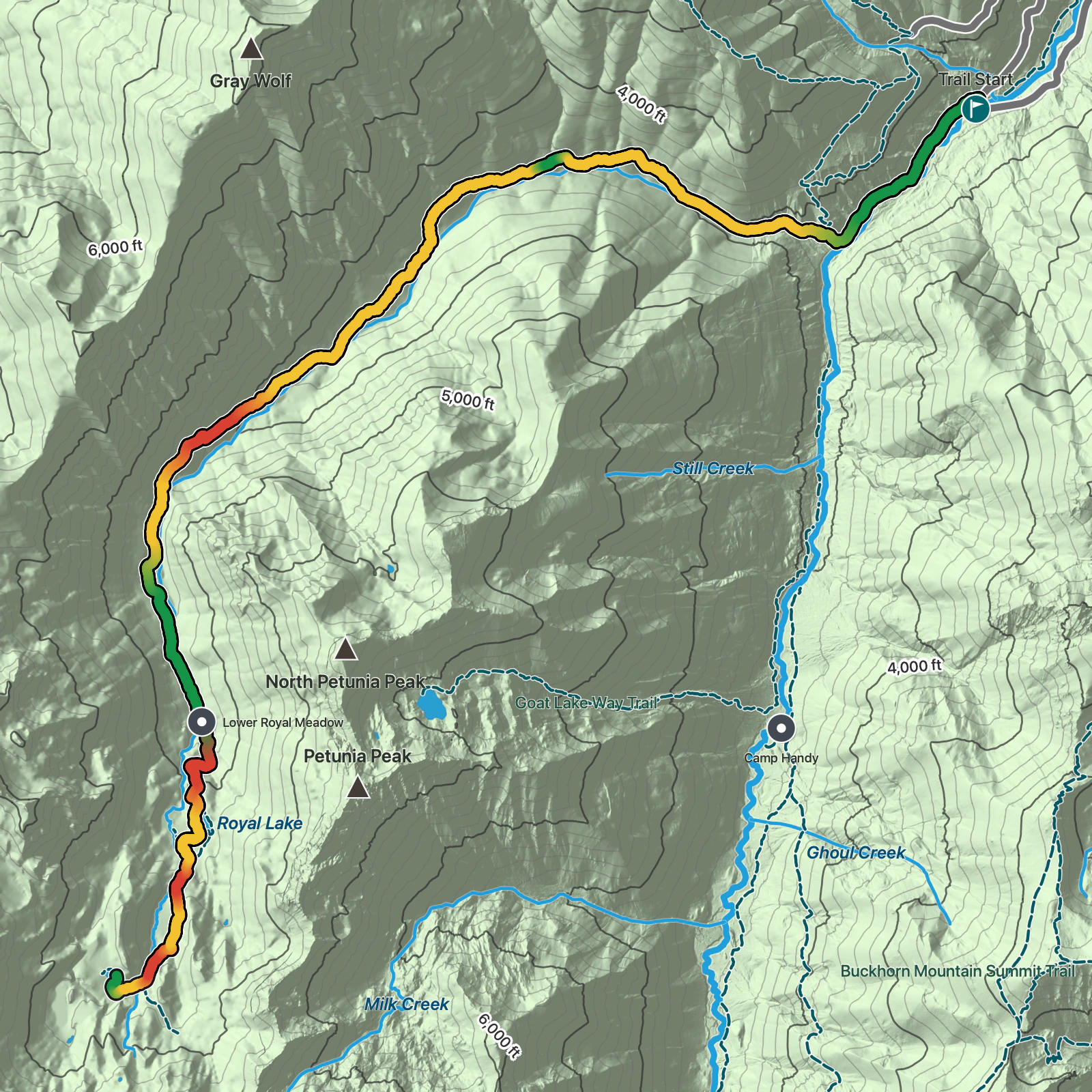 Terrain map of Royal Basin and Royal Lake in Olympic National Park