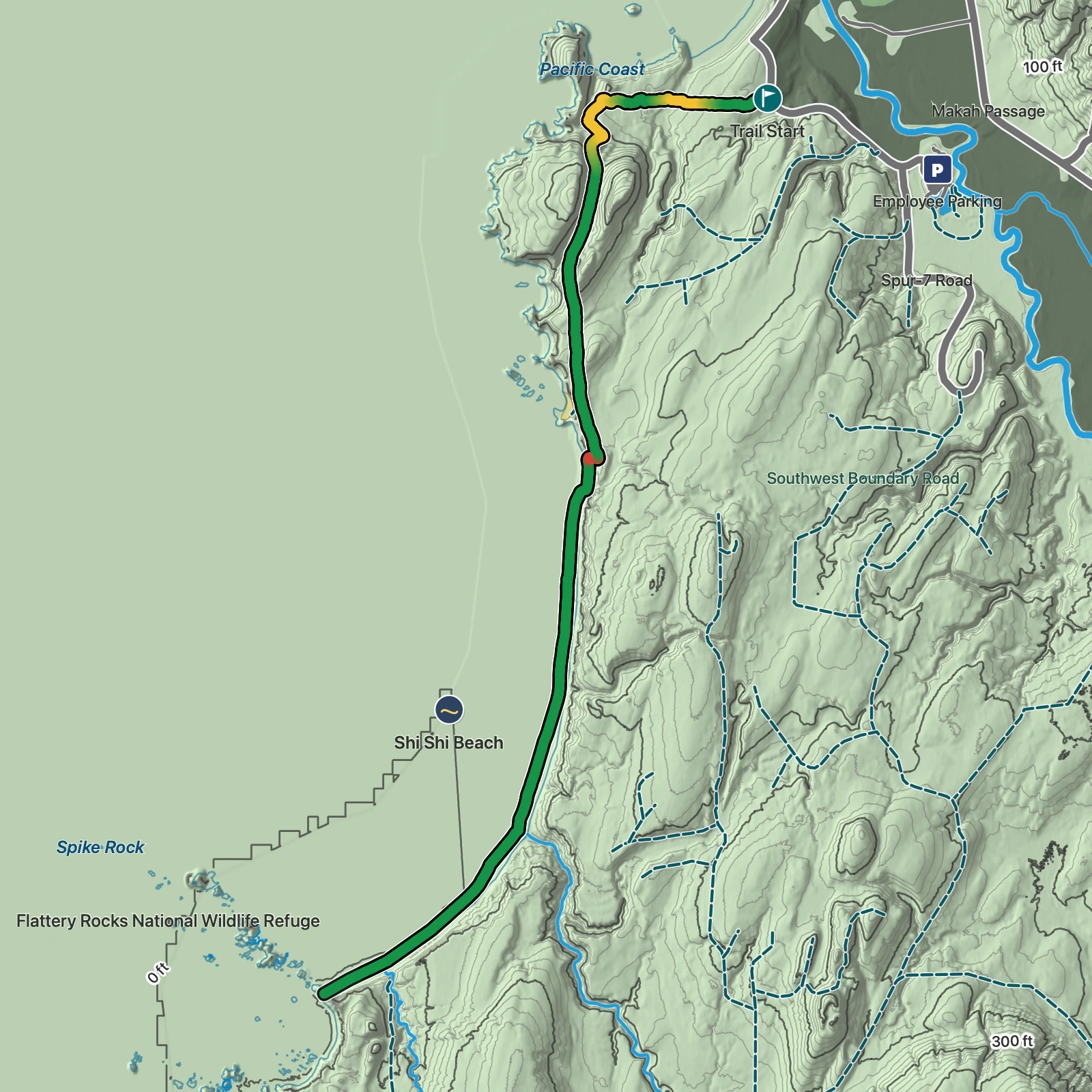 Terrain map of Shi Shi Beach to Point of Arches in Olympic National Park