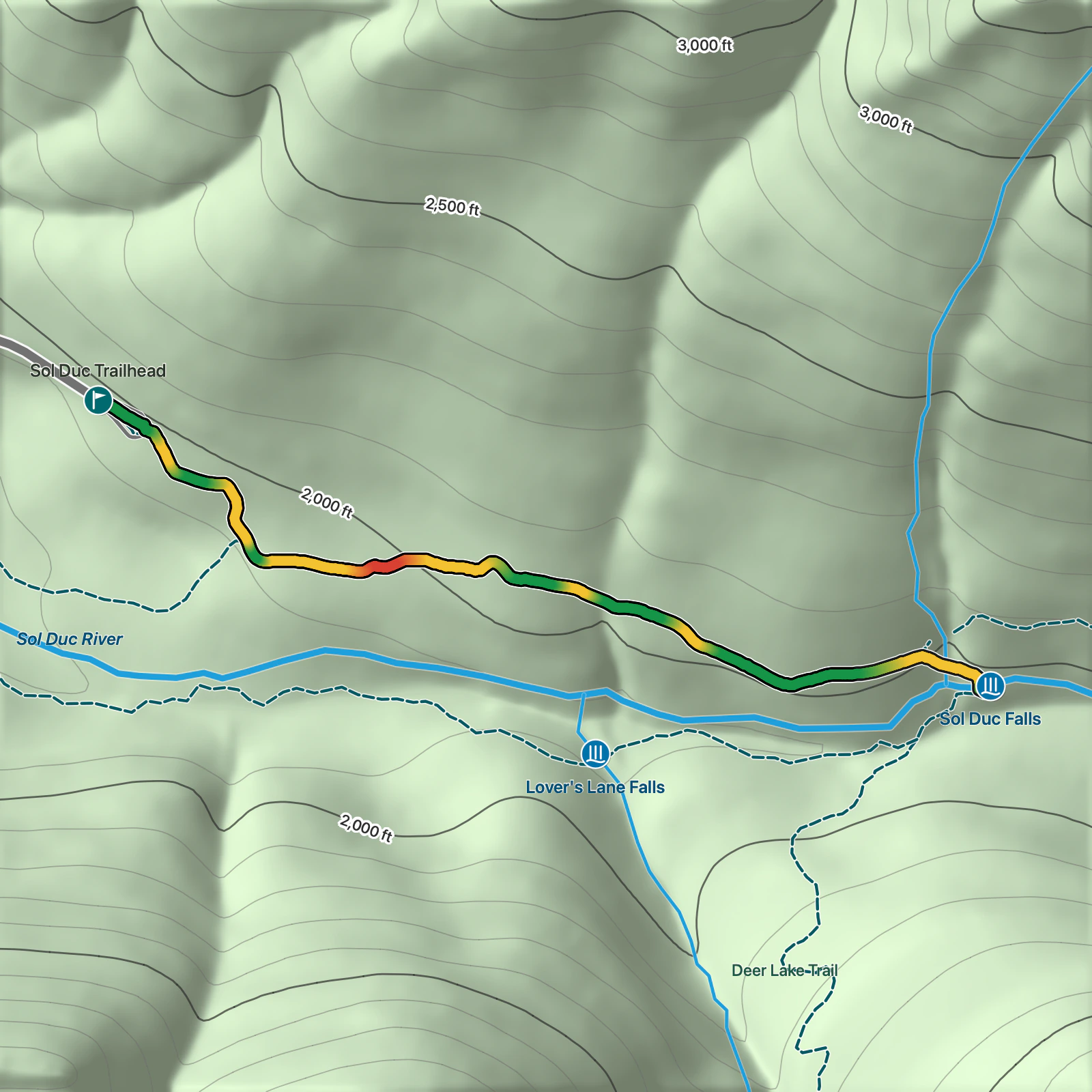 Terrain map of Sol Duc Falls in Olympic National Park