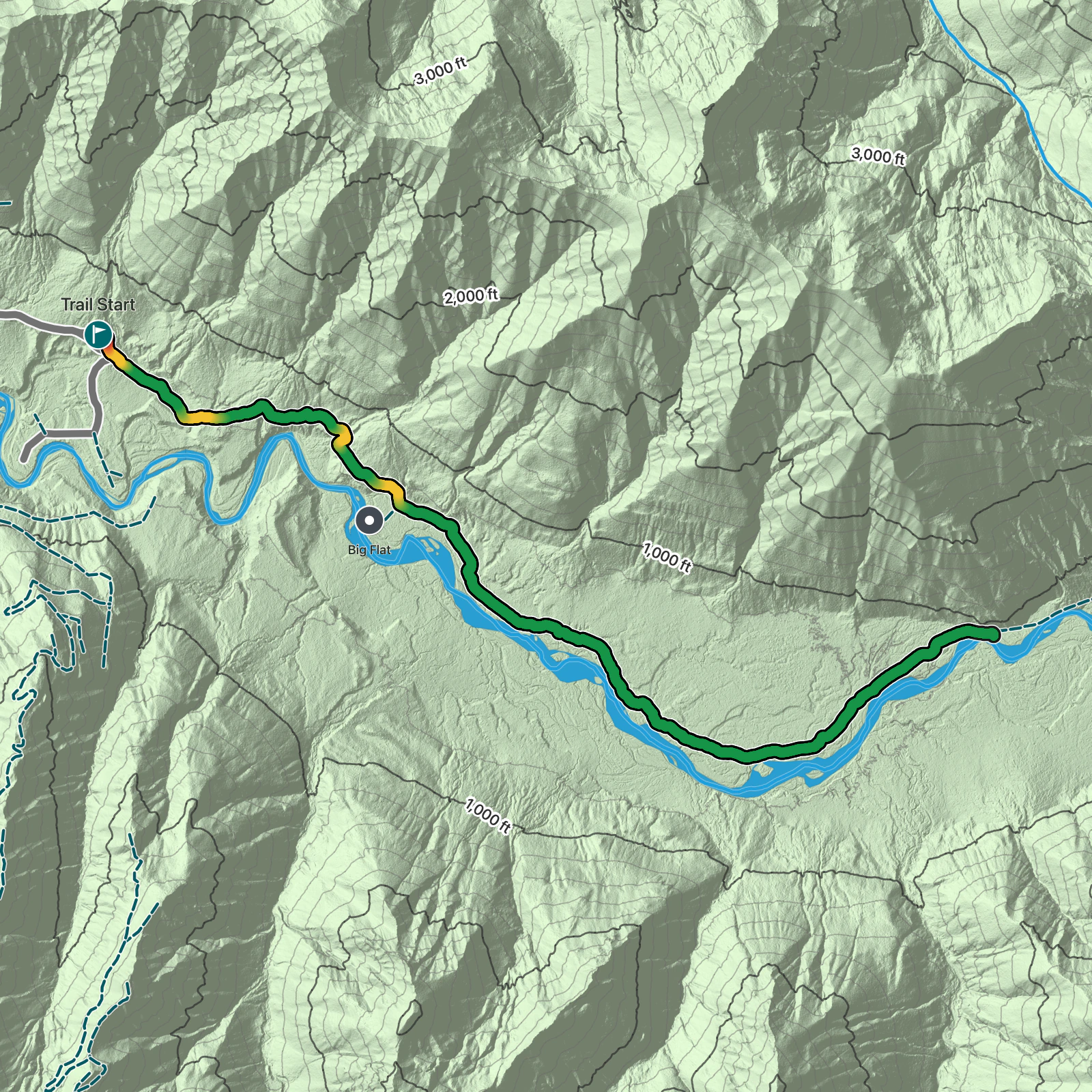 Terrain map of South Fork Hoh Trail in Olympic National Park