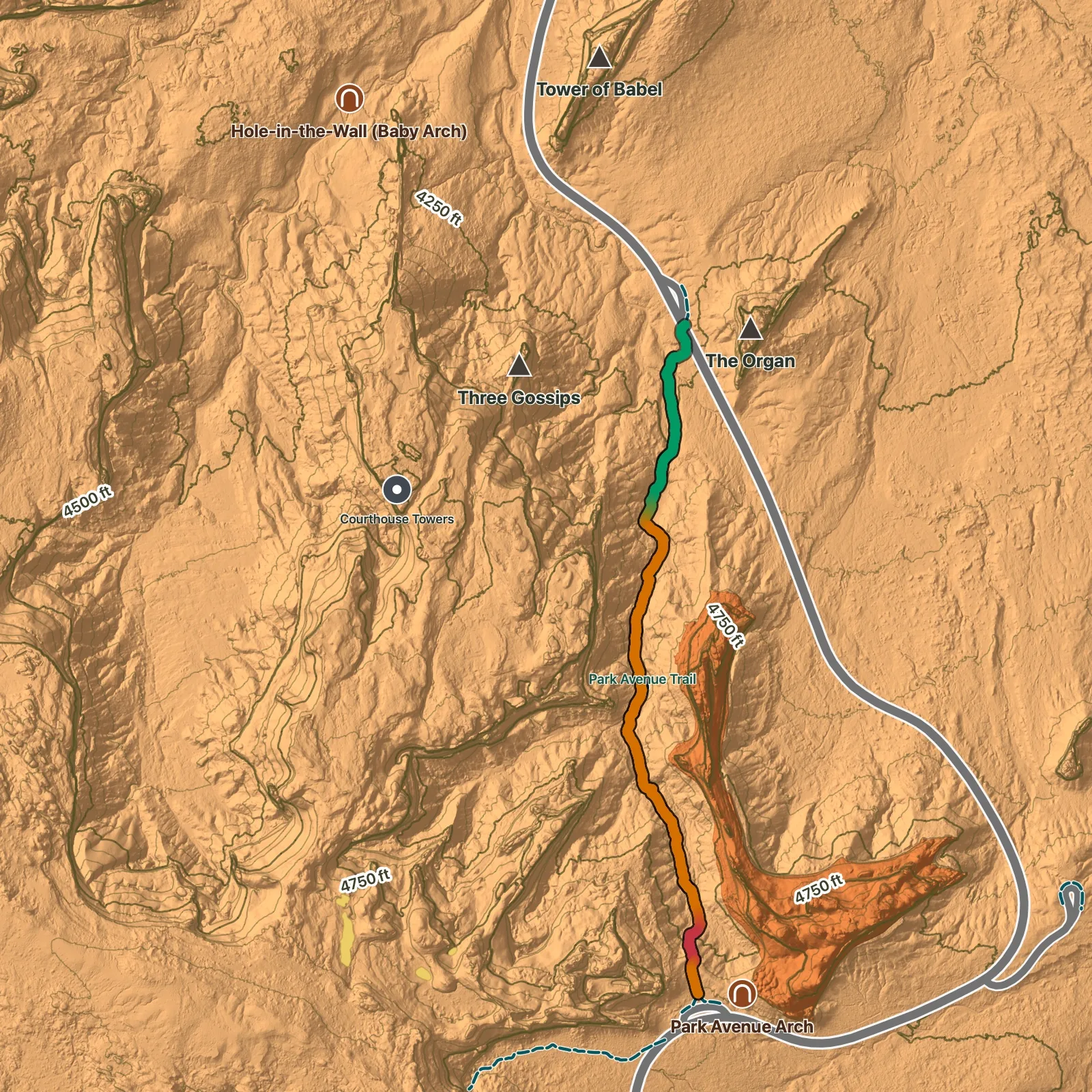 Terrain map of Park Avenue Trail in Arches National Park