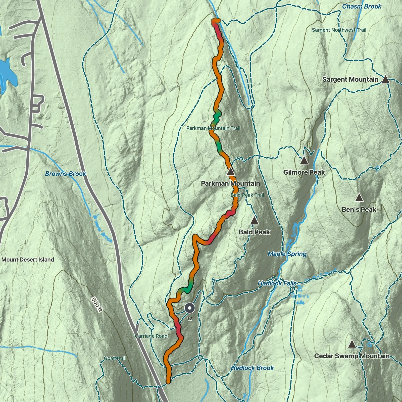 Terrain map showing the Parkman Mountain Trail route in Acadia National Park