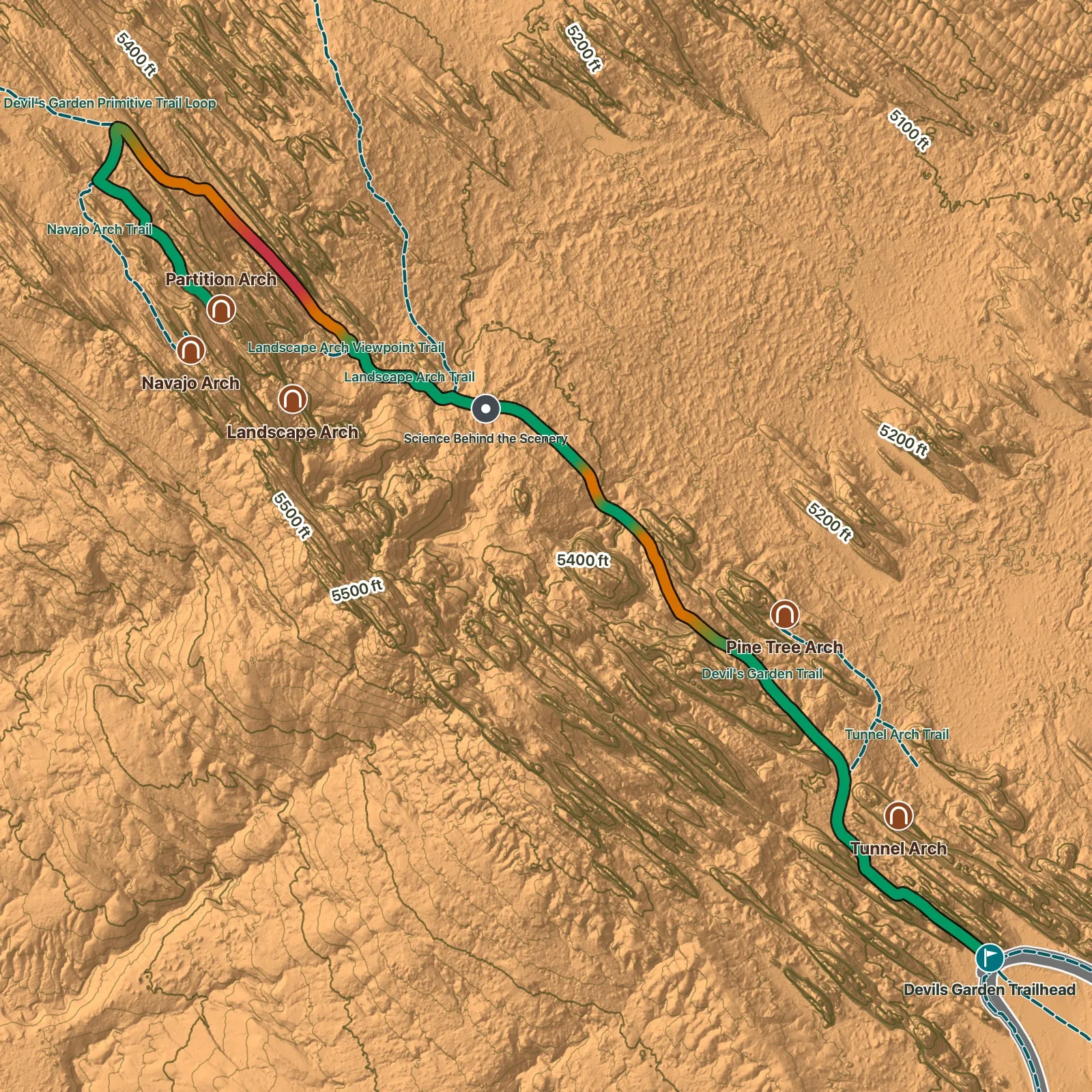 Terrain map of Partition Arch Trail in Arches National Park