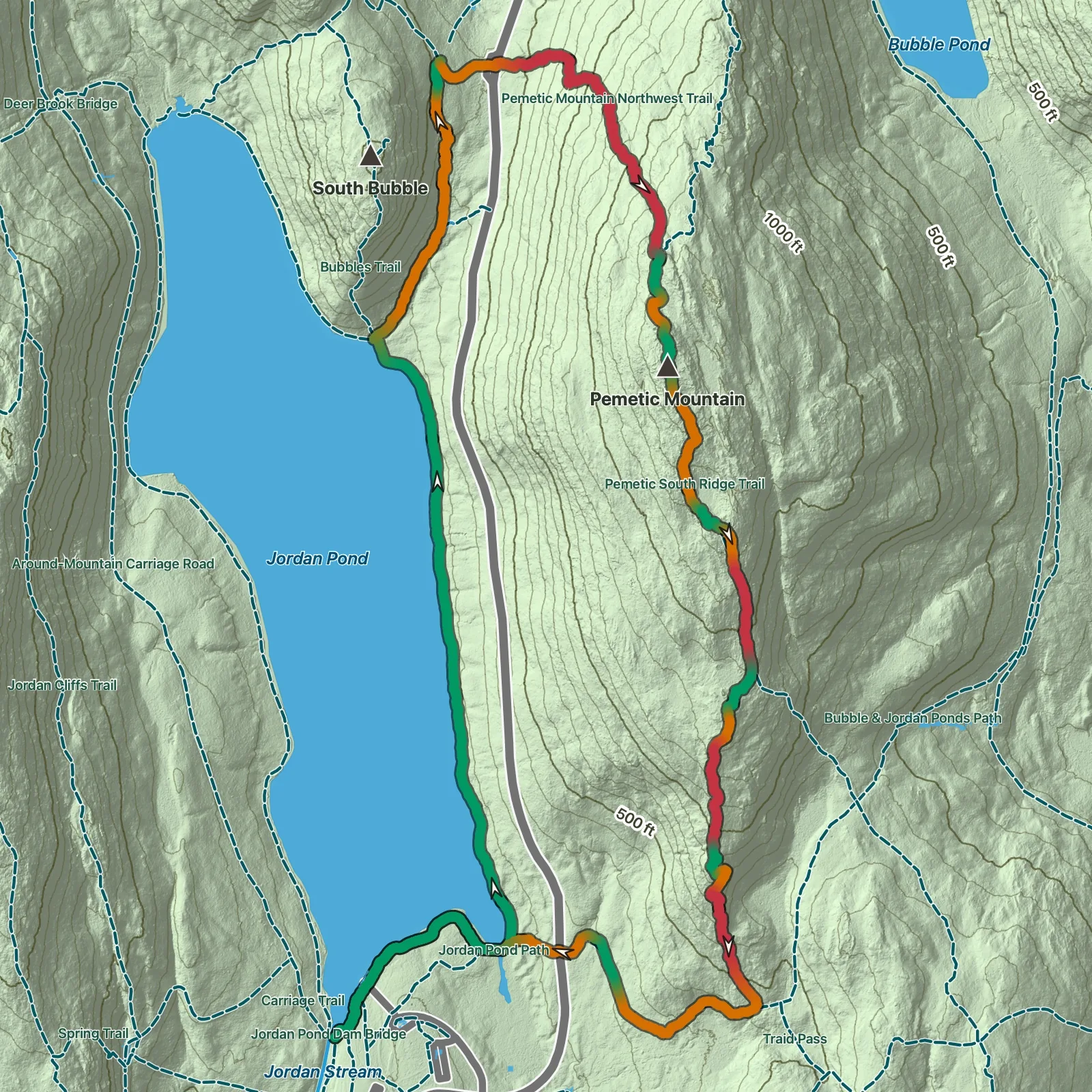 Terrain map showing the Pemetic Mountain Loop route in Acadia National Park