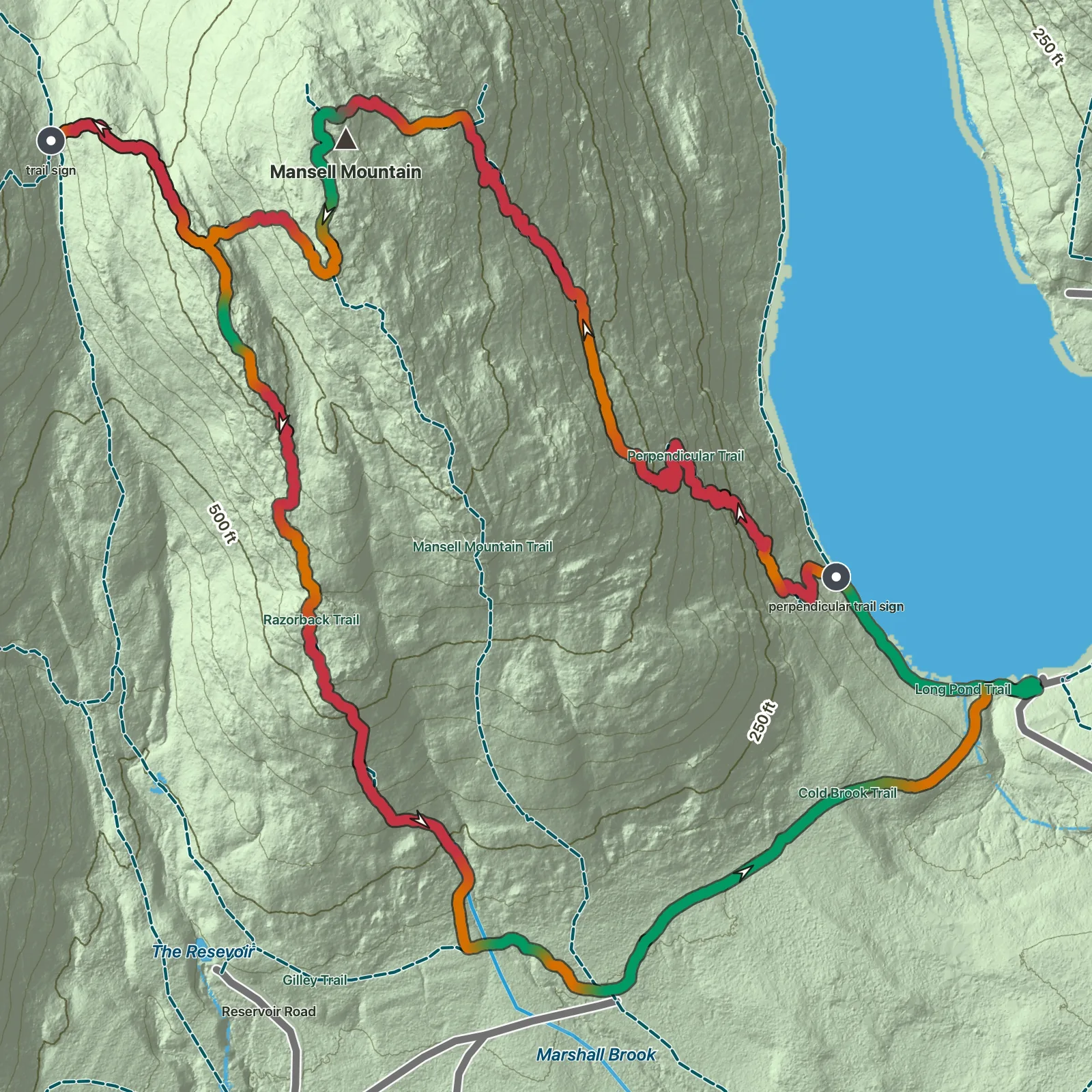 Terrain map showing the Perpendicular and Razorback Loop route in Acadia National Park