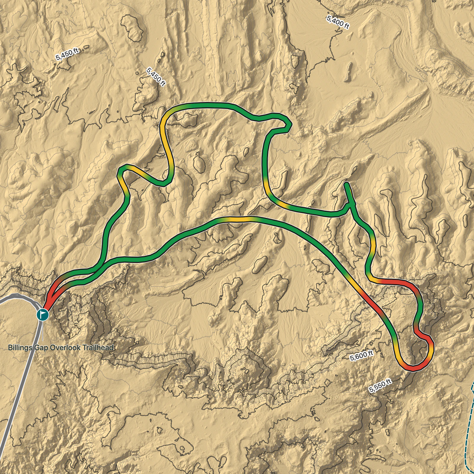 Terrain map of Billings Gap Overlook in Petrified Forest National Park