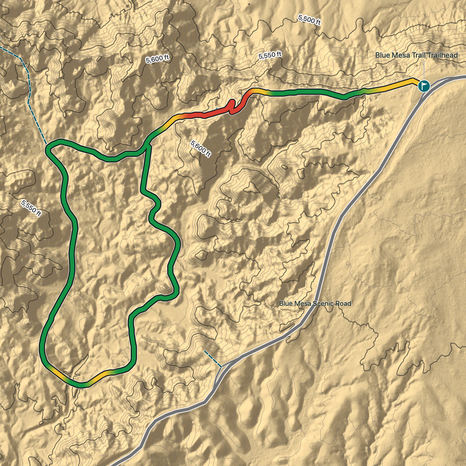 Terrain map of Blue Mesa Trail in Petrified Forest National Park