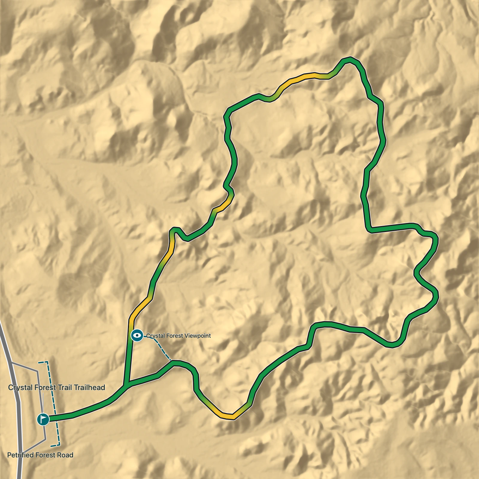 Terrain map of Crystal Forest Trail in Petrified Forest National Park
