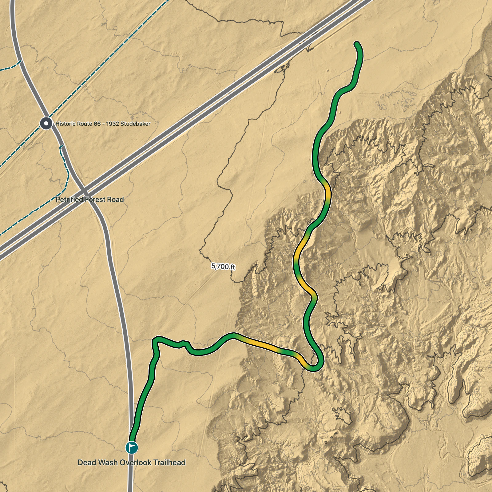Terrain map of Dead Wash Overlook in Petrified Forest National Park