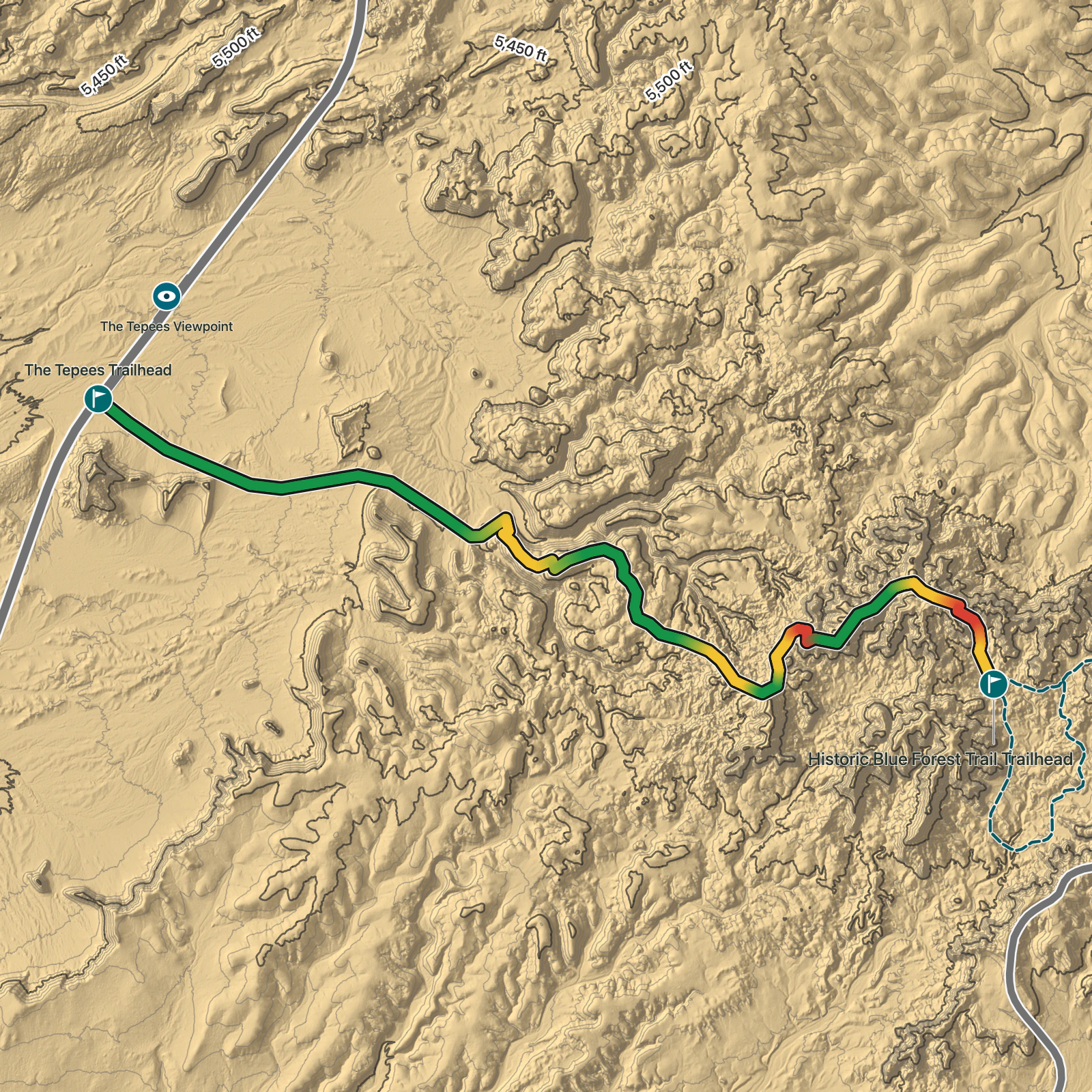 Terrain map of Historic Blue Forest Trail in Petrified Forest National Park